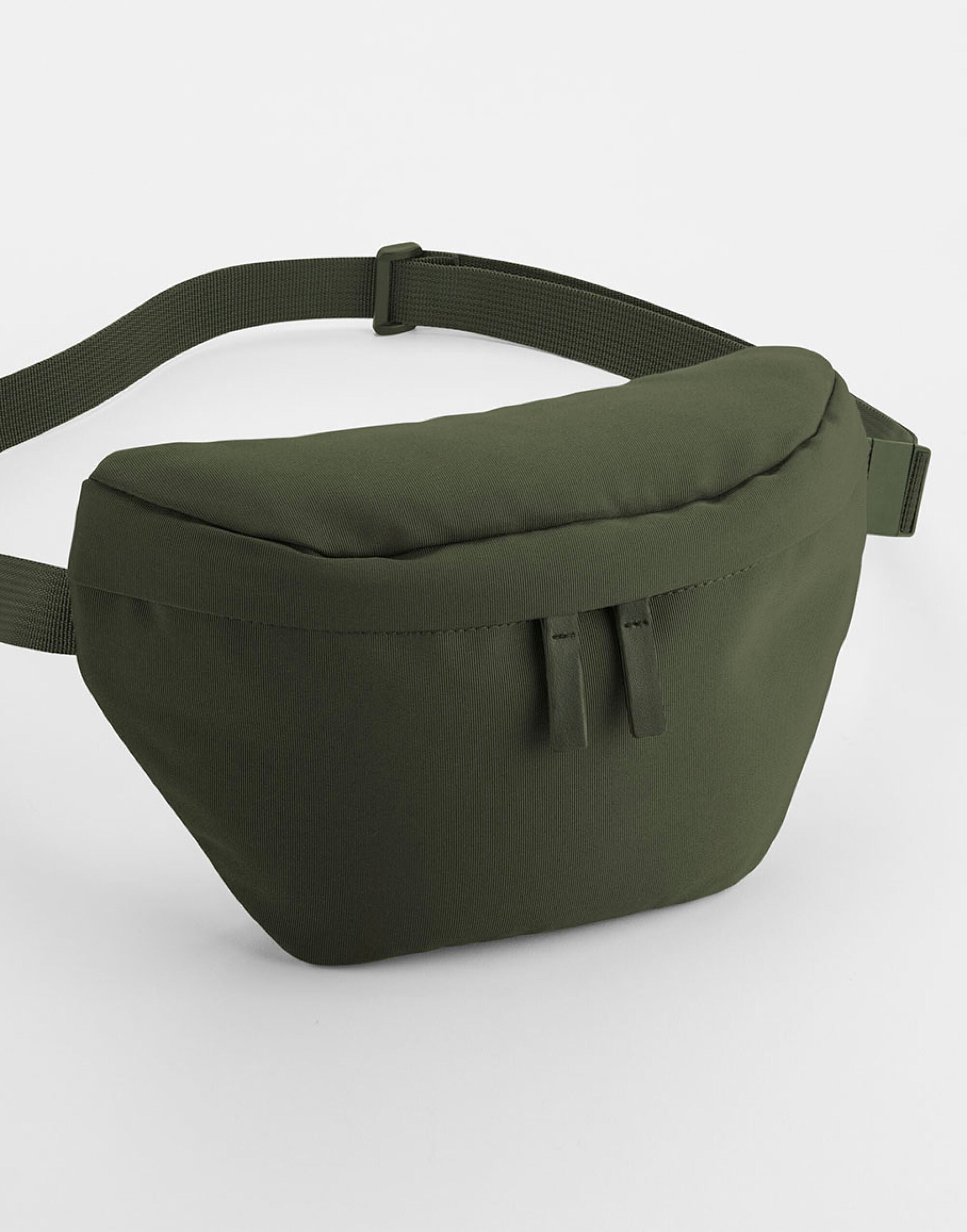 Three-quarter view of the light grey Bagbase Simplicity Waistpack, showing its sleek, modern shape.