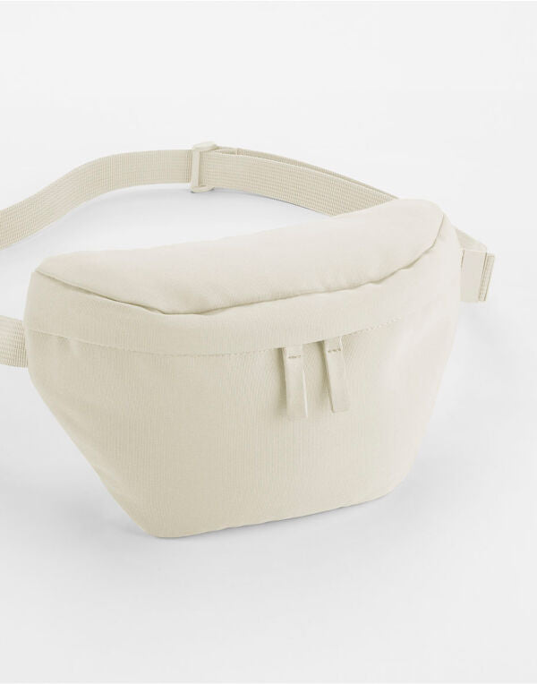 Front view of the black Bagbase Simplicity Waistpack, featuring a clean design with a single zip compartment.