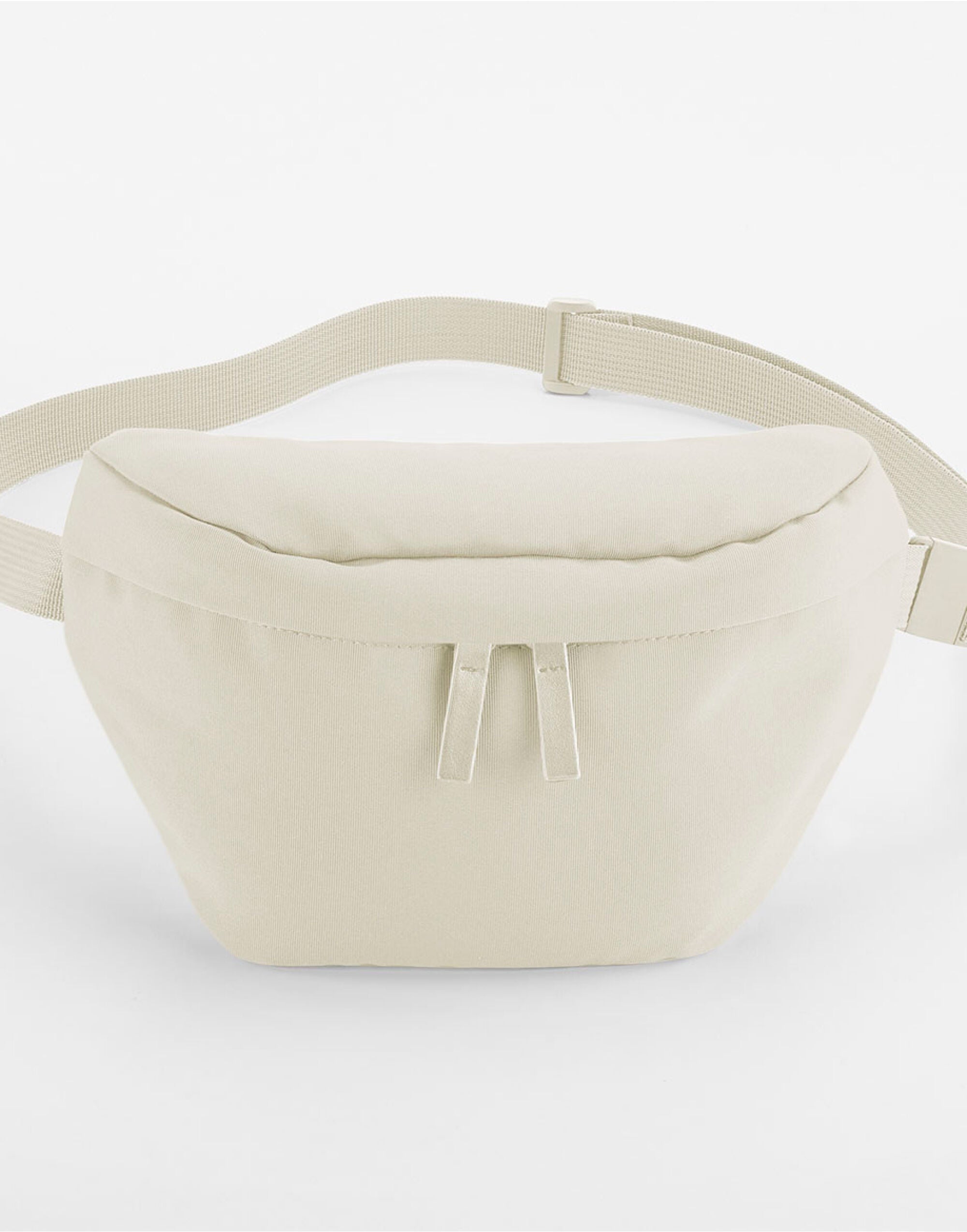 Angled view of the off-white Bagbase Simplicity Waistpack, showcasing its faux leather accents.