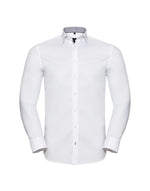 Russell Collection Men'S Long Sleeve Tailored Contrast Herringbone Shirt - White/Silver/Convoy Grey