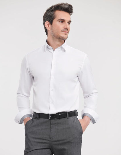 Russell Collection Men'S Long Sleeve Tailored Contrast Herringbone Shirt - Light Blue/Mid Blue/Bright Navy