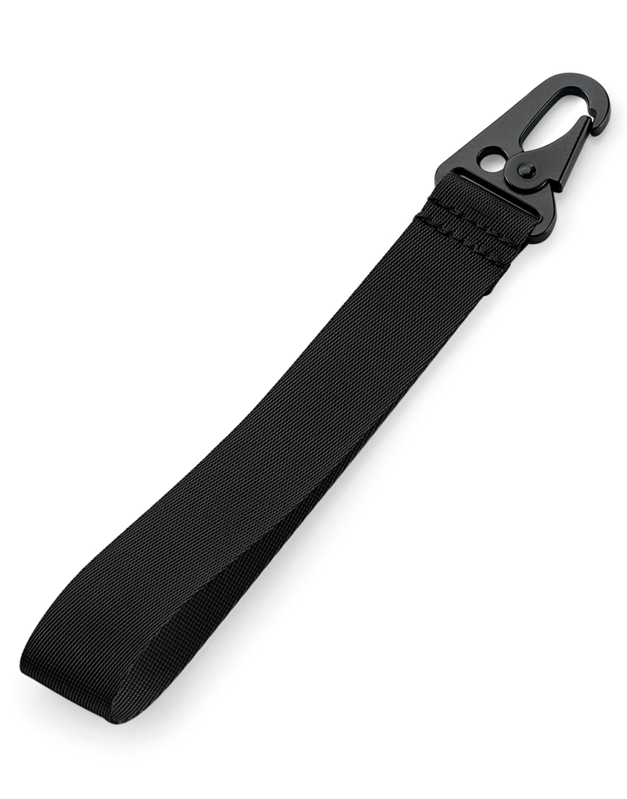 A black Bagbase Brandable Key Clip with a prominent metal carabiner.