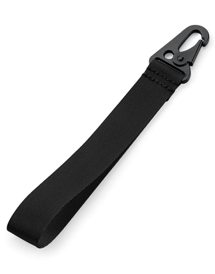 A black Bagbase Brandable Key Clip with a prominent metal carabiner.