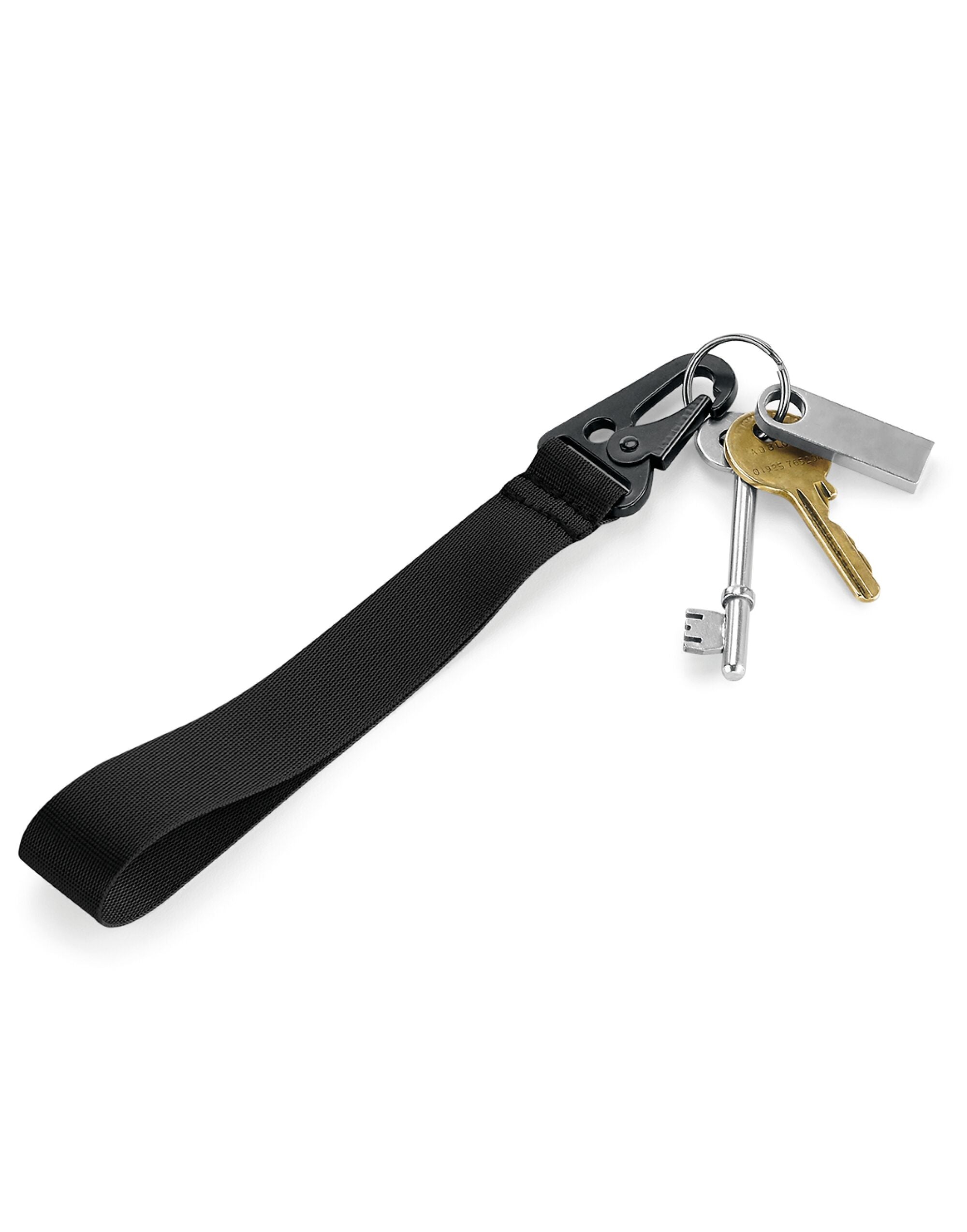 Collection of Black Bagbase Brandable Key Clips laid side-by-side.