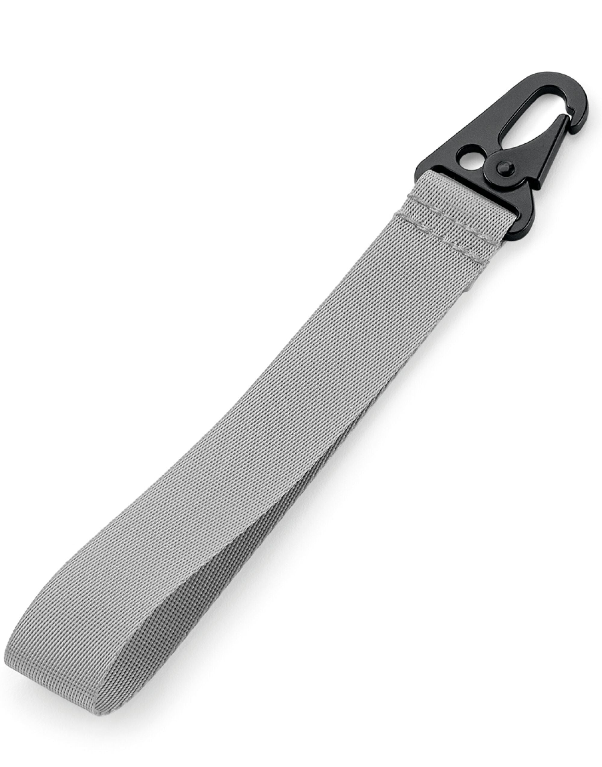 Side view of a grey Bagbase Brandable Key Clip.