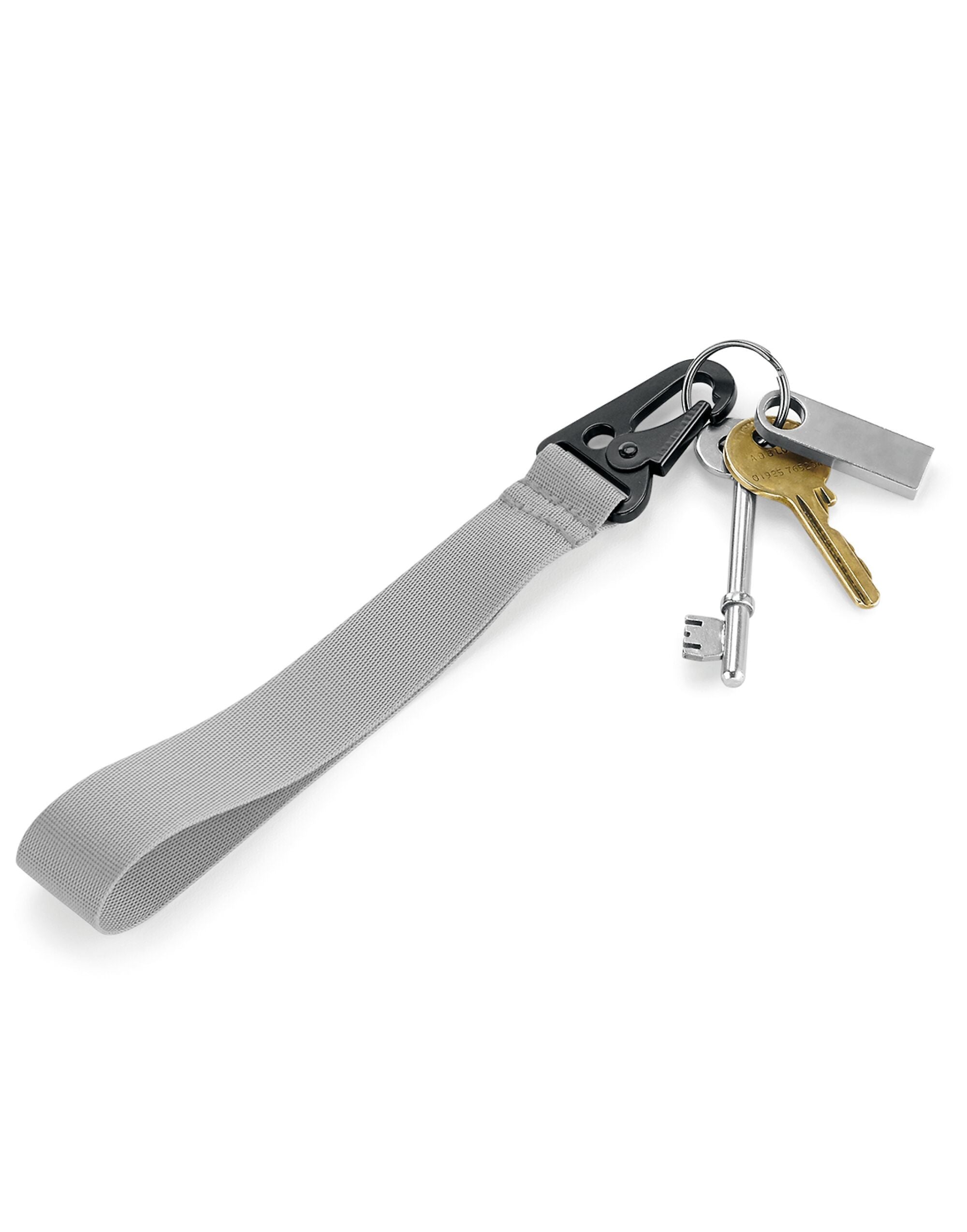 A grey Bagbase Brandable Key Clip with its strong metal clasp visible.