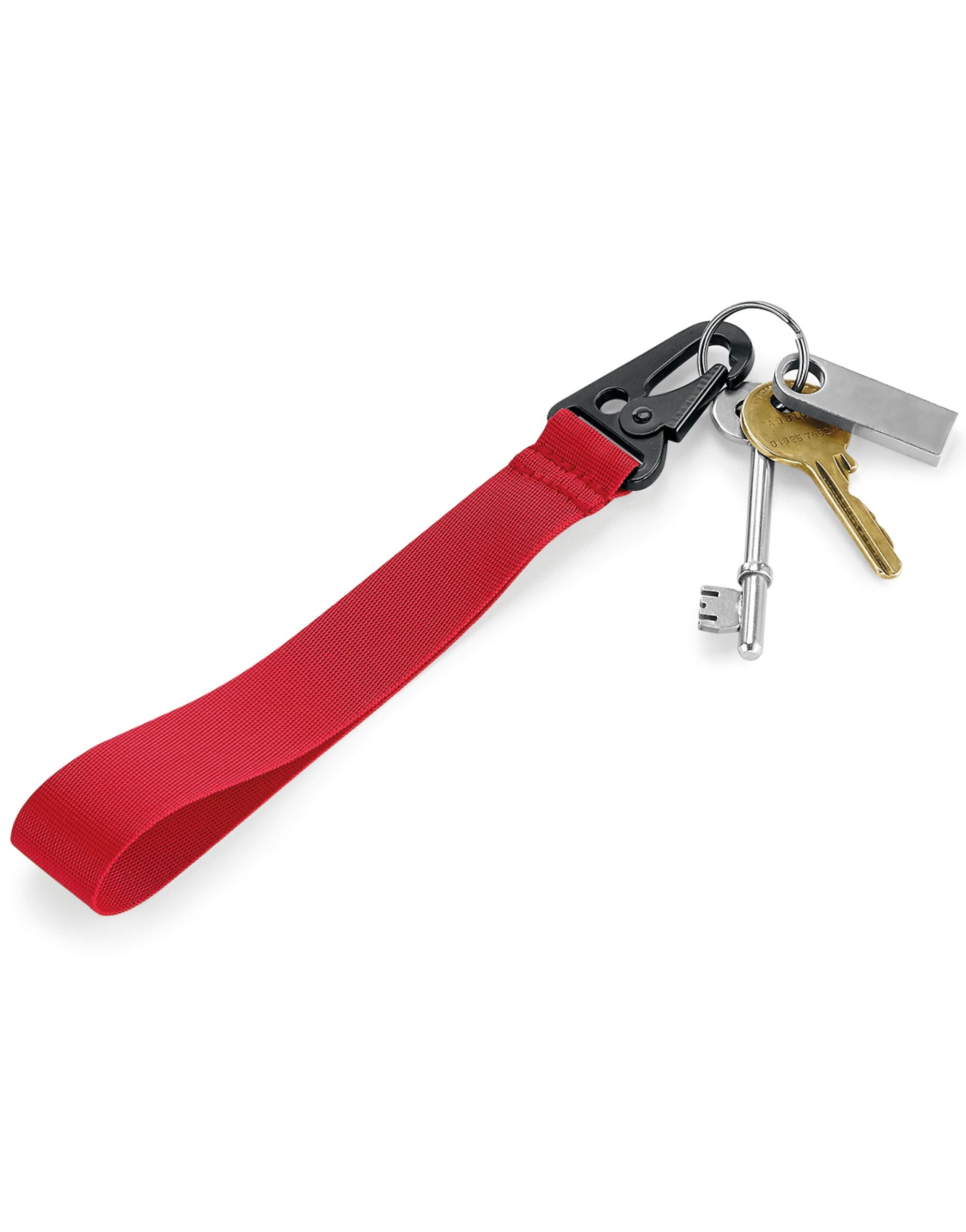 A red Bagbase Brandable Key Clip from a top-down perspective.