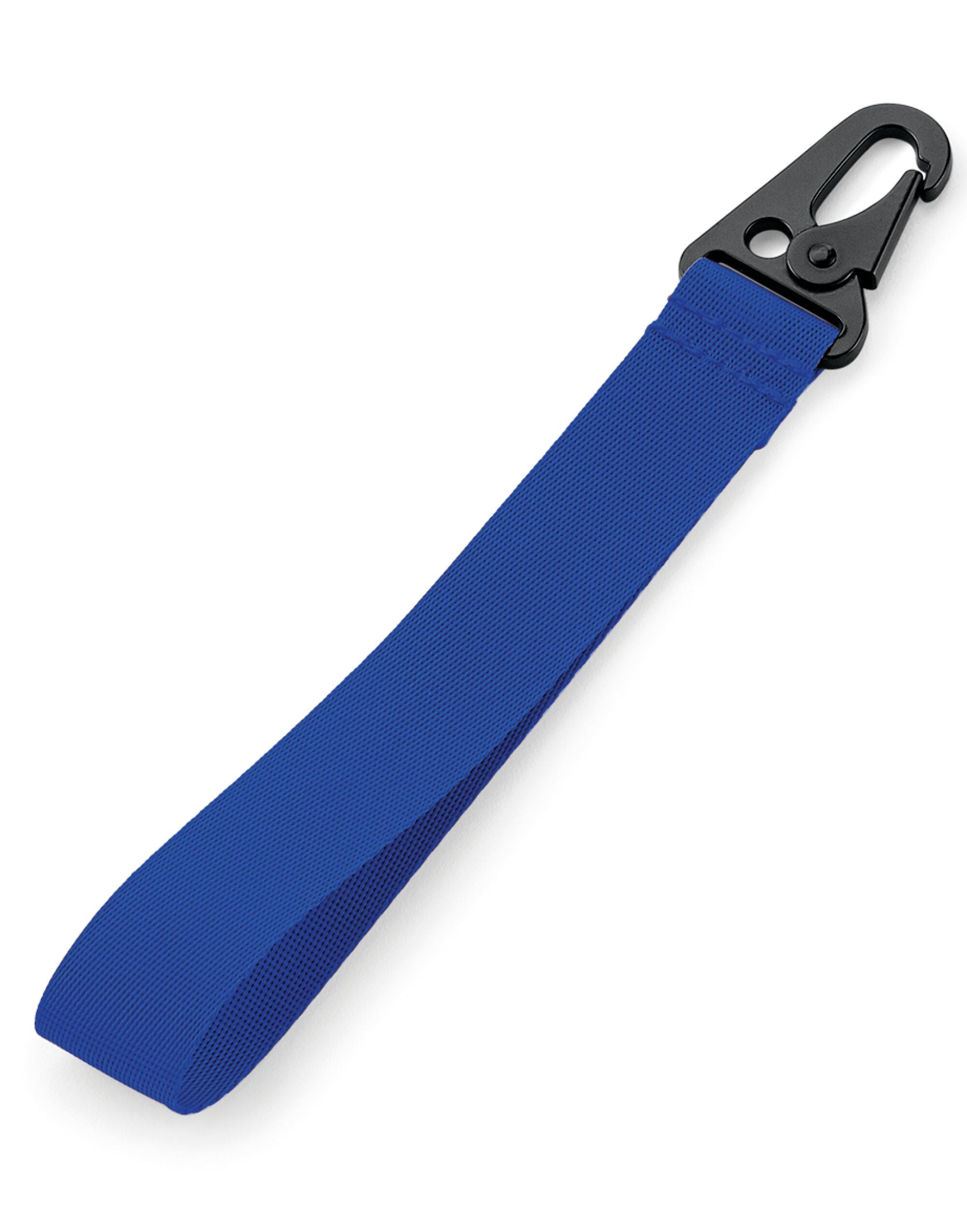 Detail of the clip mechanism on a blue Bagbase Brandable Key Clip.