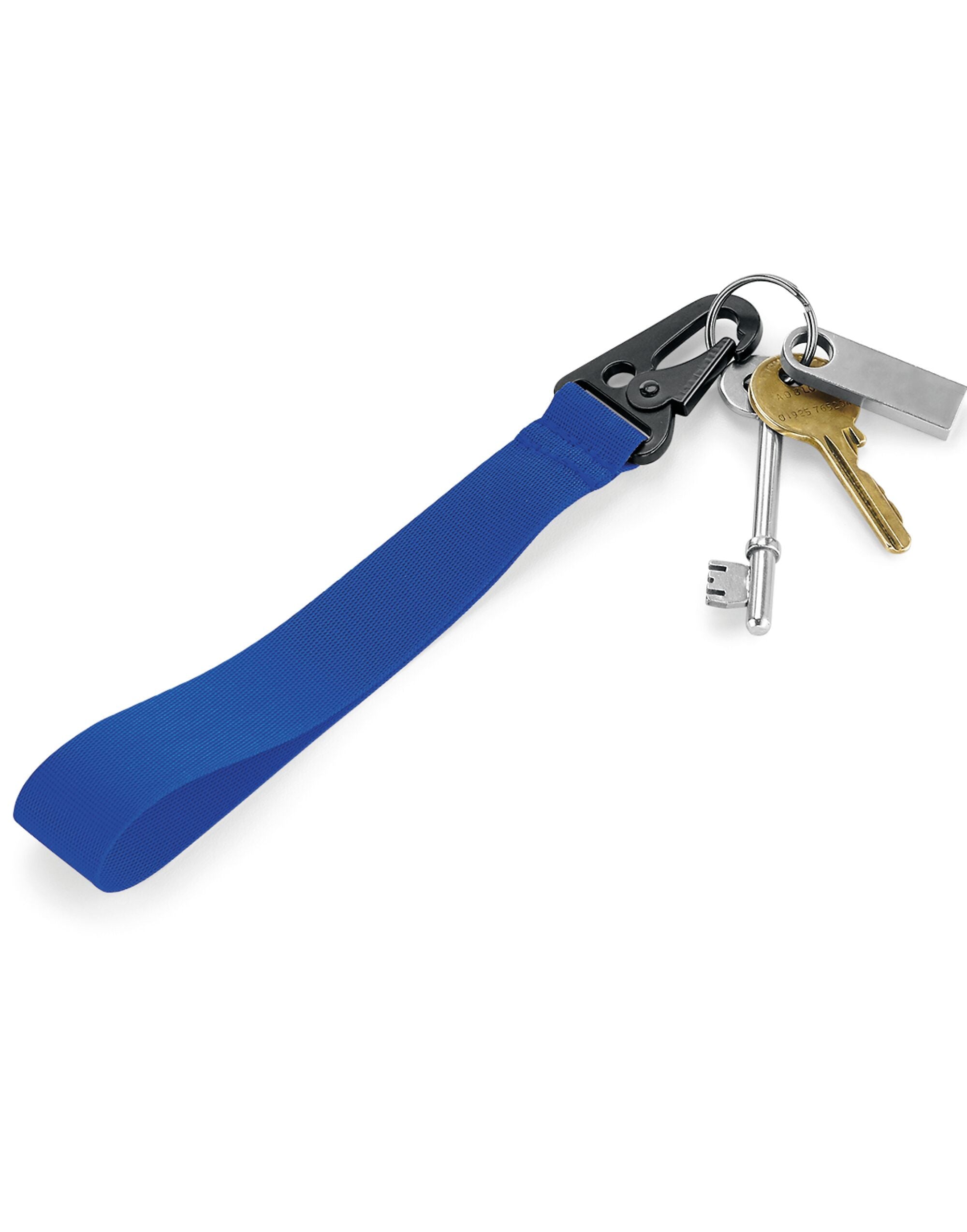A blue Bagbase Brandable Key Clip ready for use.