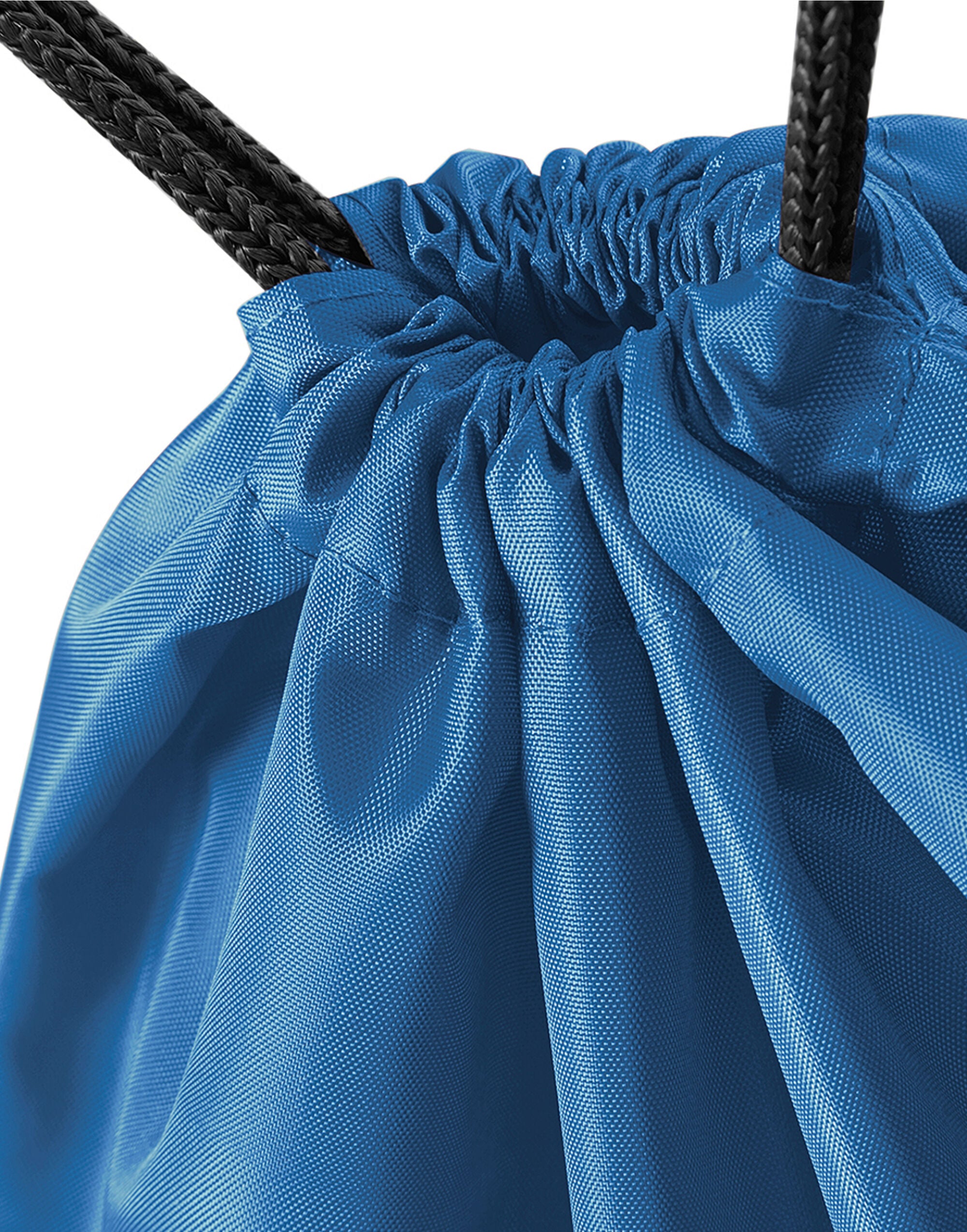 Close-up of the recycled material tag on the blue backpack.