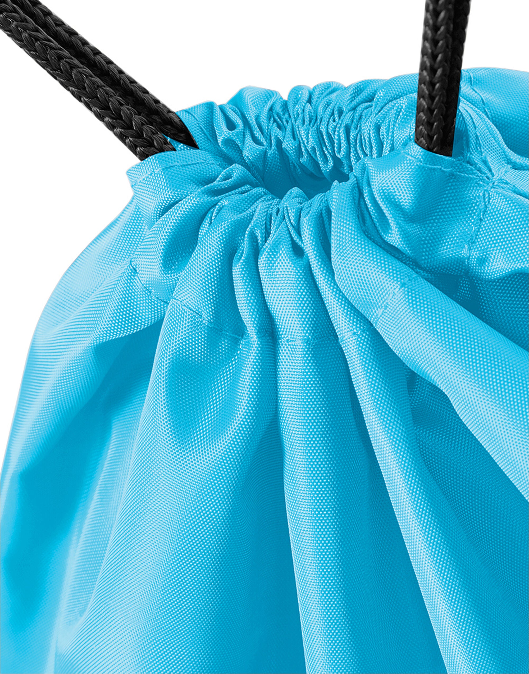 A person carrying the blue mini backpack by its top handles.