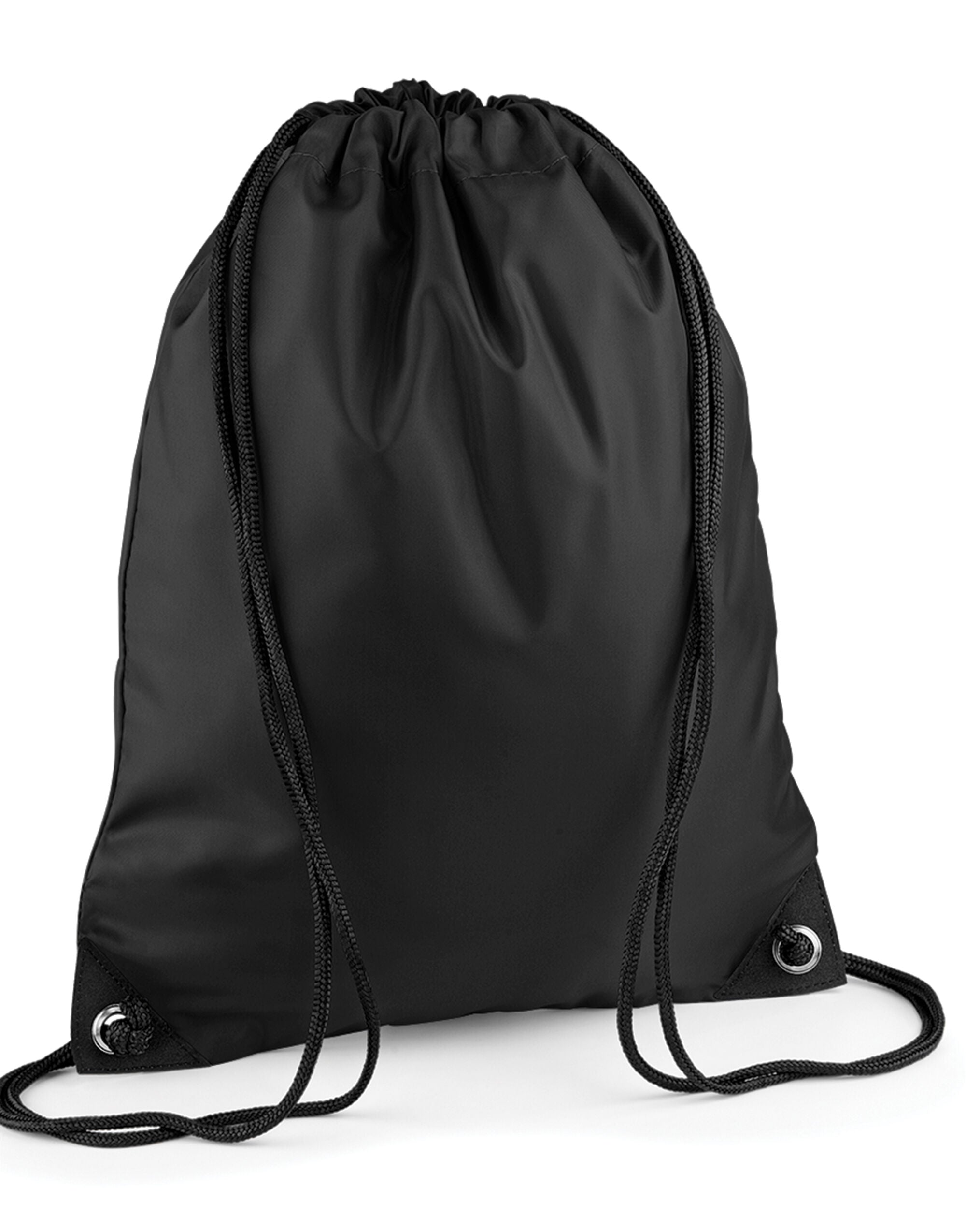 Close-up of the high-quality fabric on a black Bagbase Premium Gymsac.