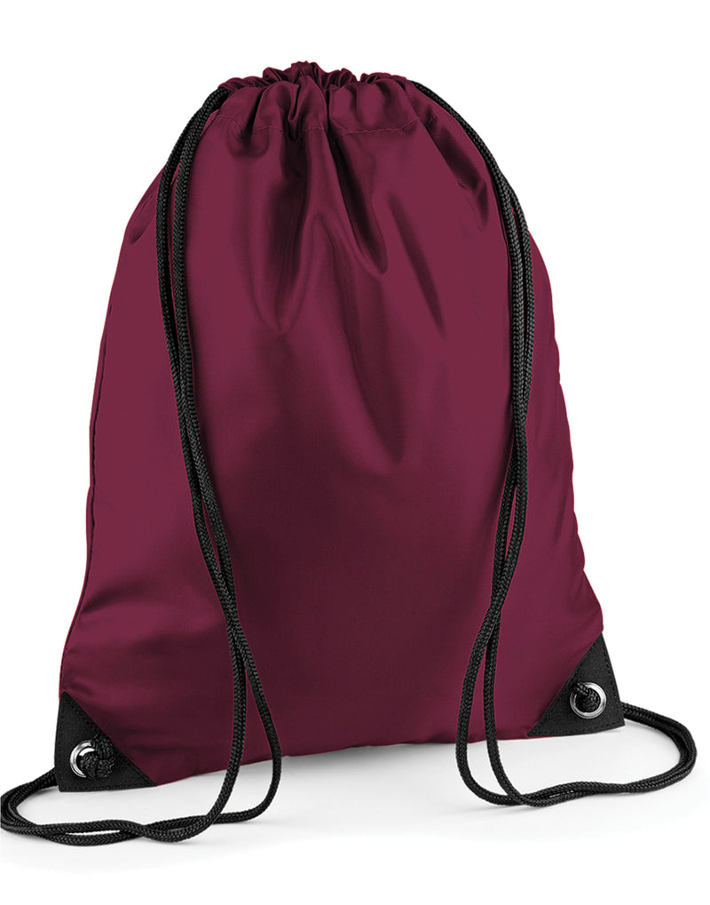 A silver- maroon Bagbase Premium Gymsac.