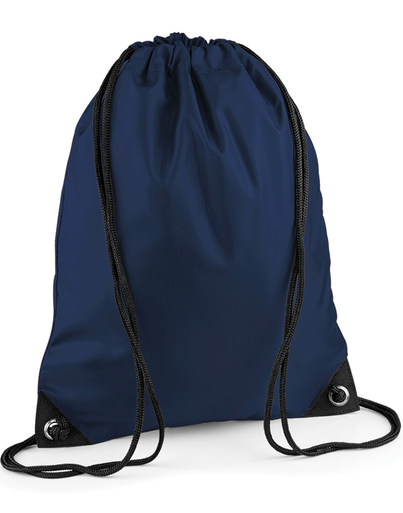 A crisp Navy blue Bagbase Premium Gymsac with silver eyelets.