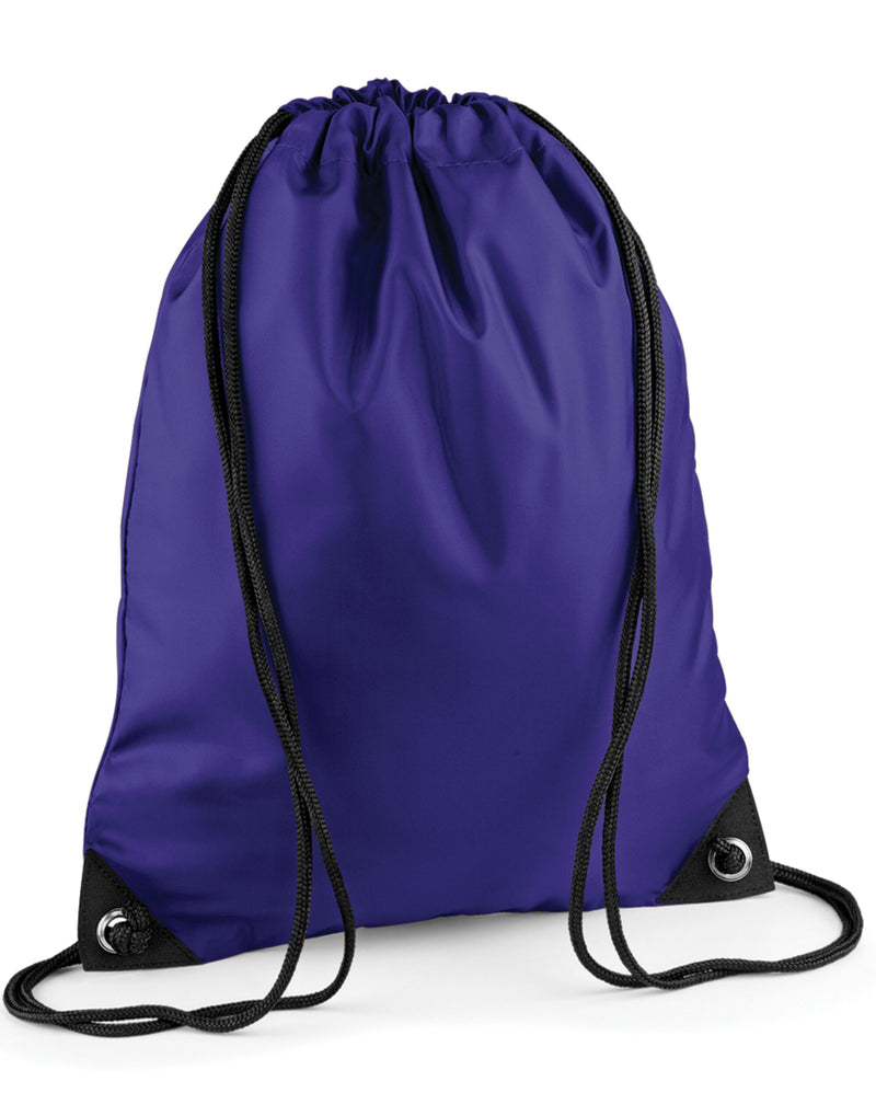 Angled view of the purple recycled roll-top backpack.