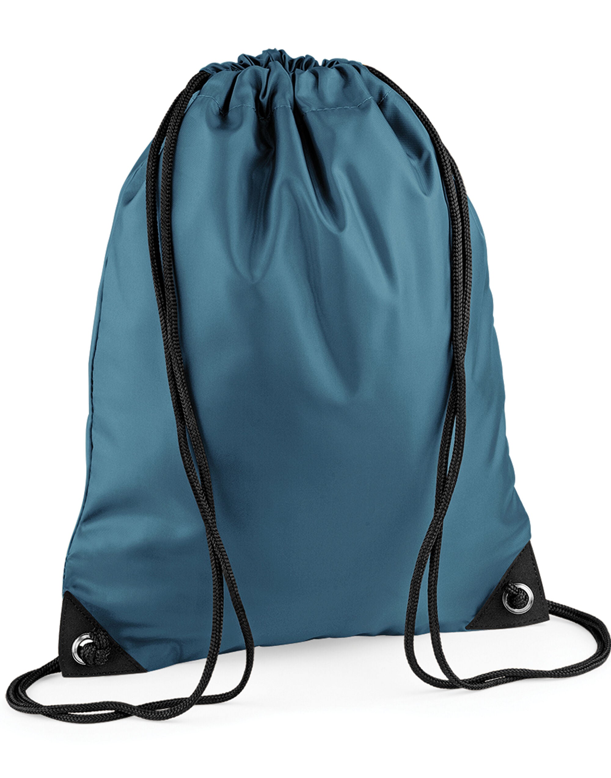Person wearing a blue heather Bagbase Premium Gymsac.