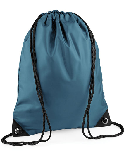 Person wearing a blue heather Bagbase Premium Gymsac.