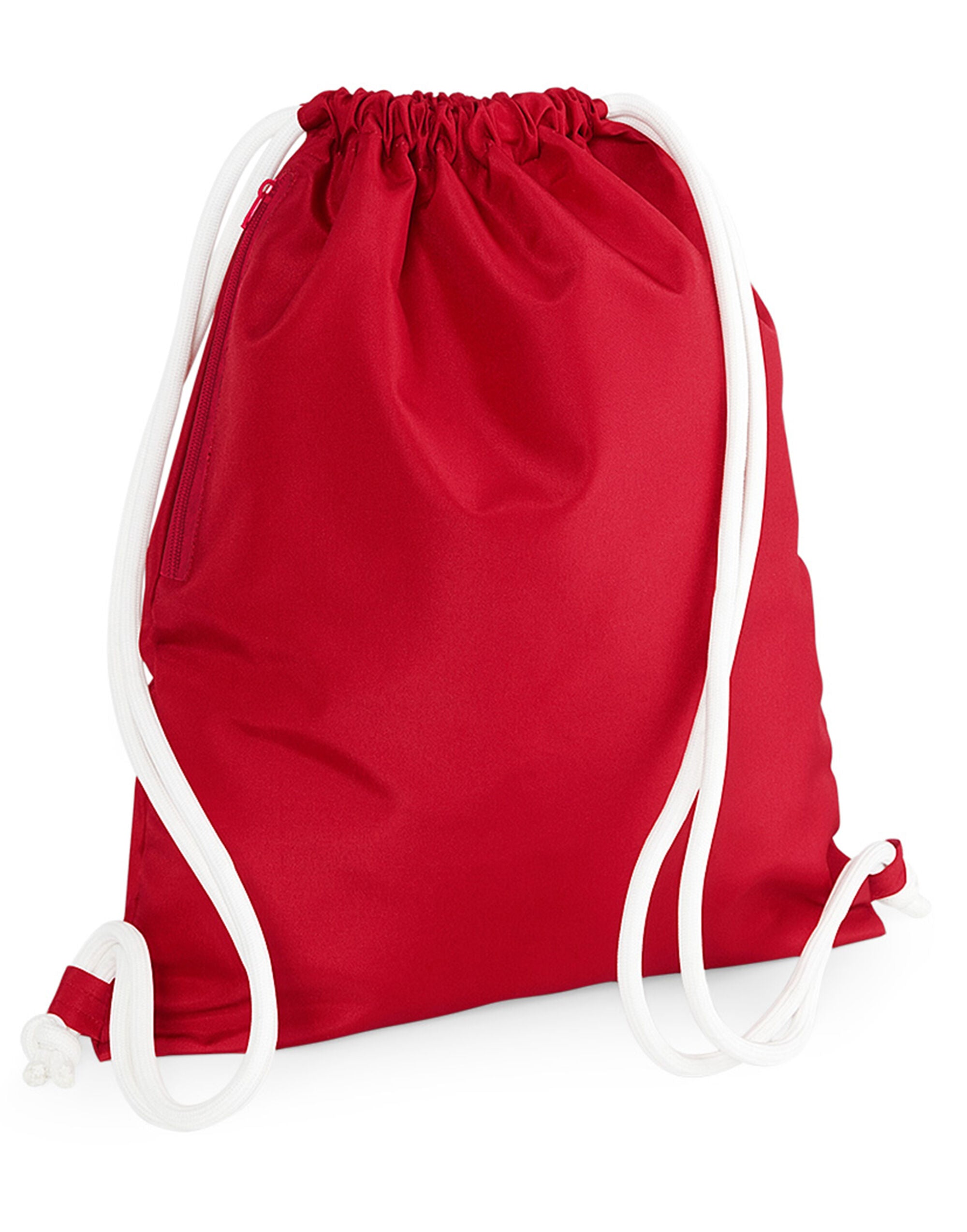 Front view of the red Bagbase Icon Gymsac with contrasting white drawstrings.