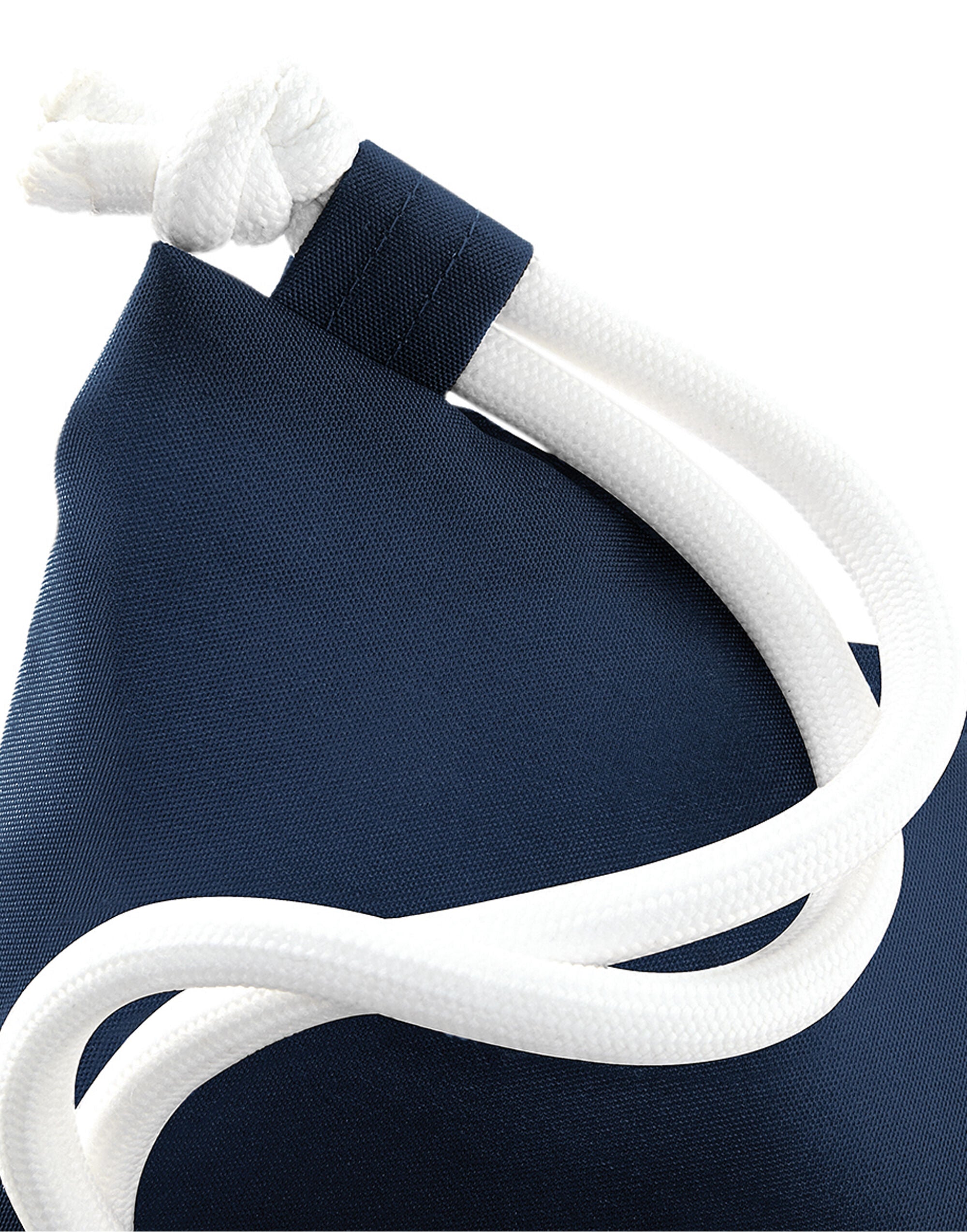 Close-up detail of the corner reinforcement on a navy blue Bagbase Icon Gymsac.
