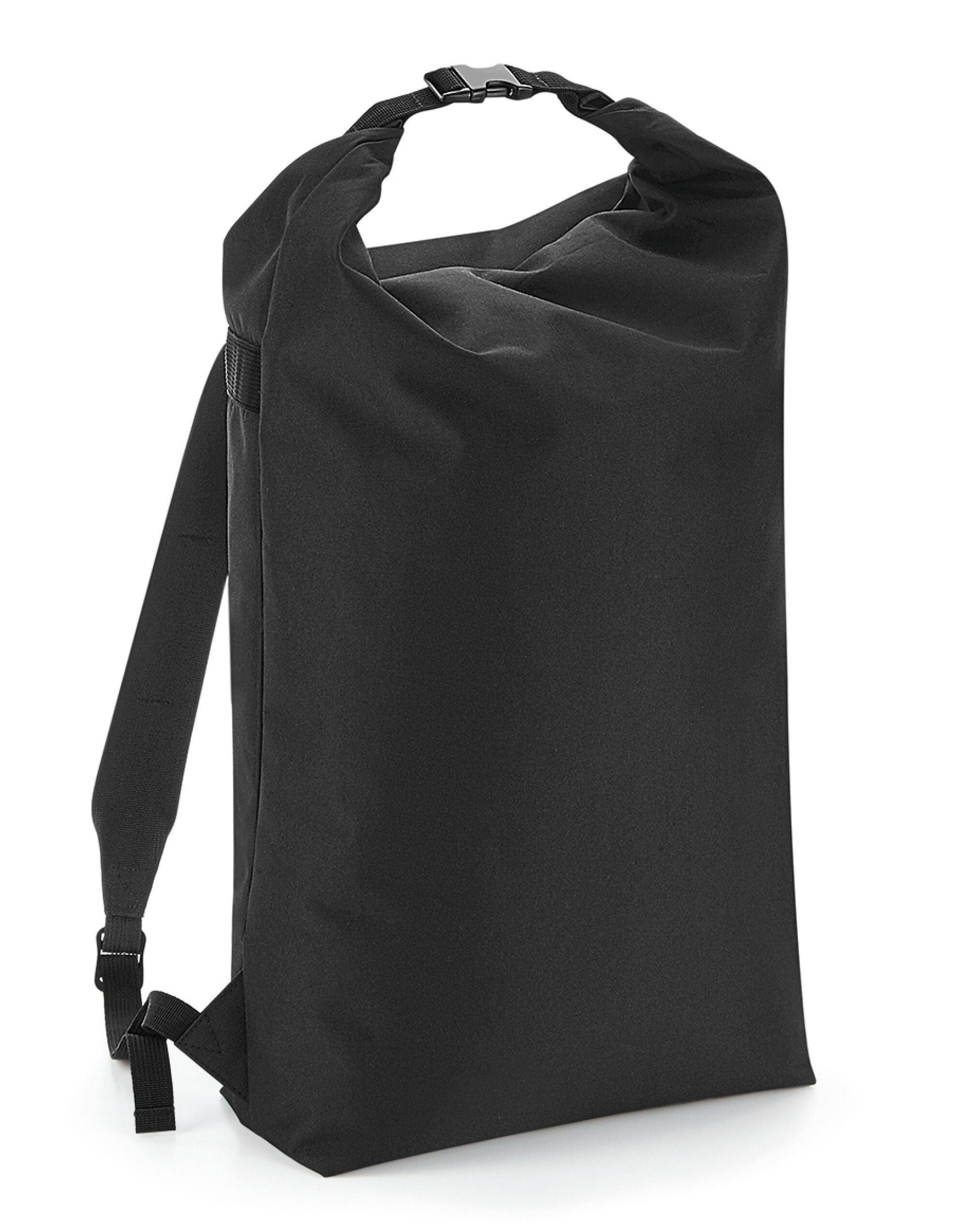 Front view of the black Bagbase Icon Roll-Top Backpack with top secured.