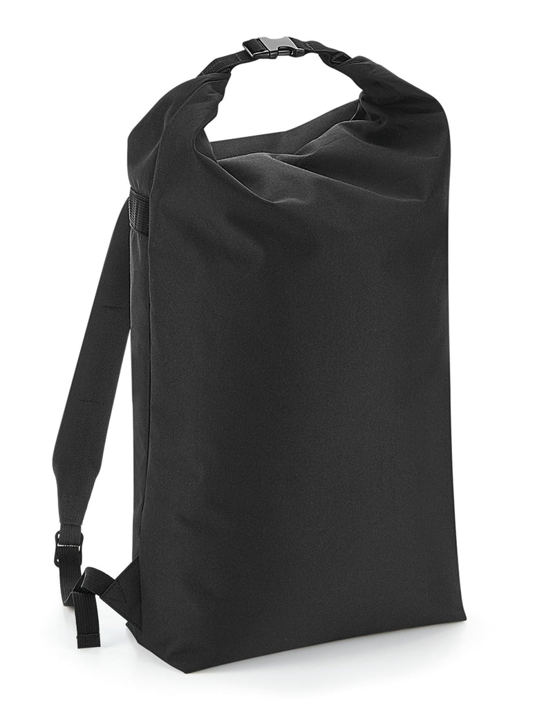 Front view of the black Bagbase Icon Roll-Top Backpack with top secured.