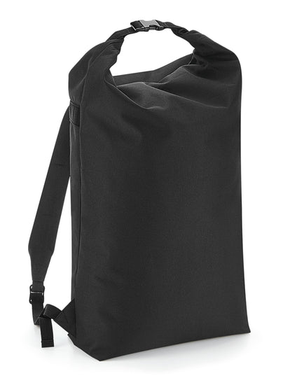 Front view of the black Bagbase Icon Roll-Top Backpack with top secured.