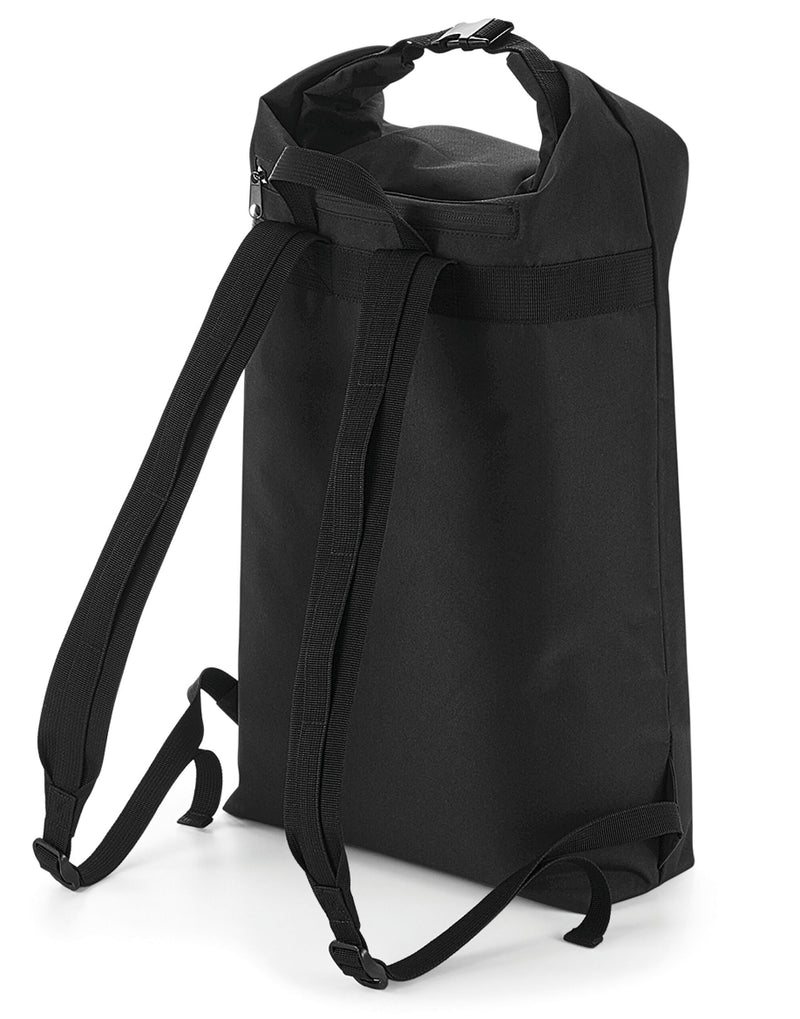 Side profile of the Black Bagbase Icon Roll-Top Backpack.