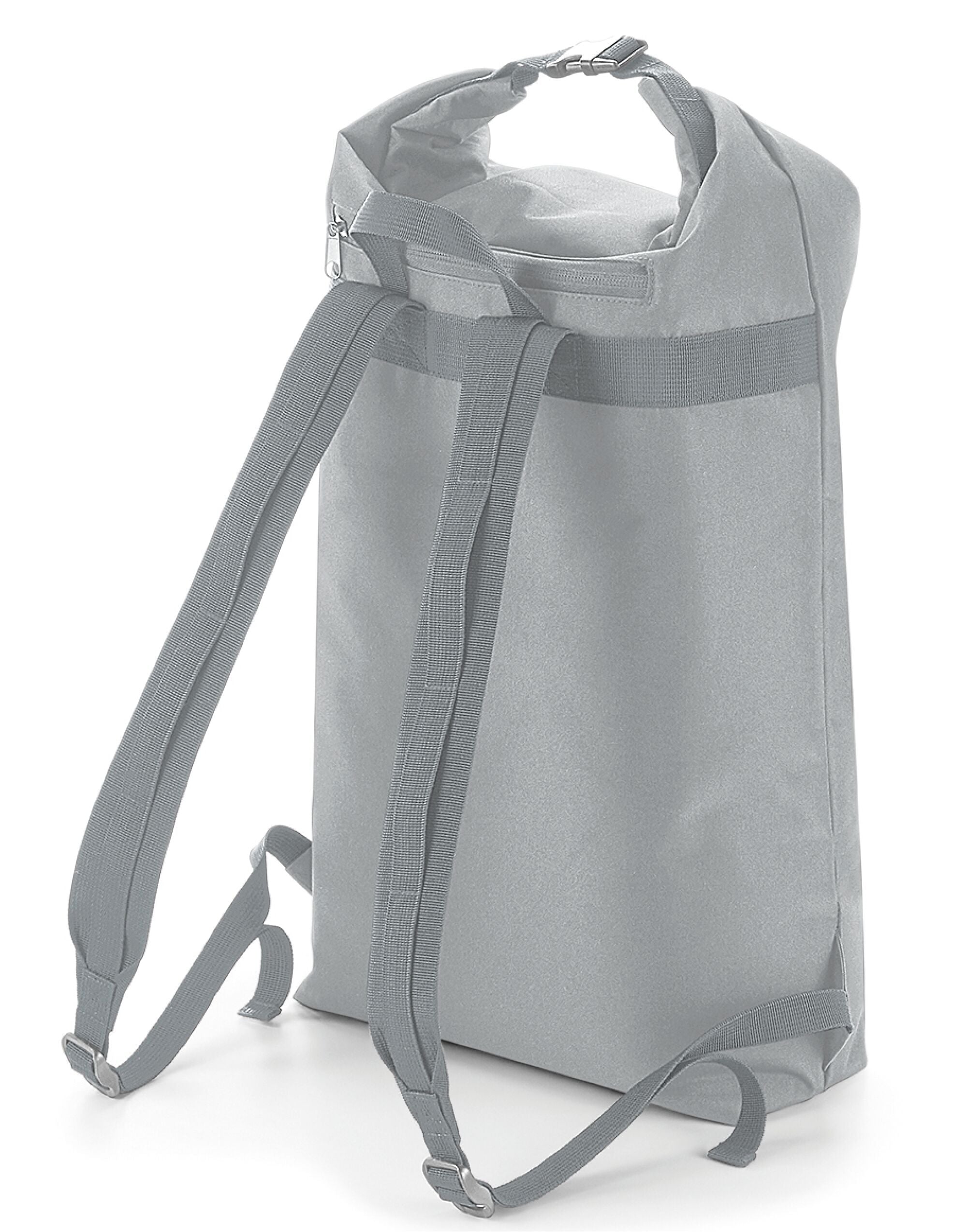 Back view of the grey Bagbase Icon Roll-Top Backpack showing padded straps.