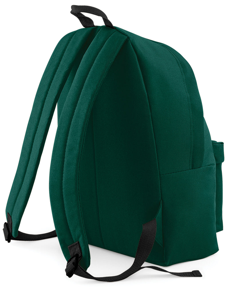 A grey backpack with a galaxy print design.