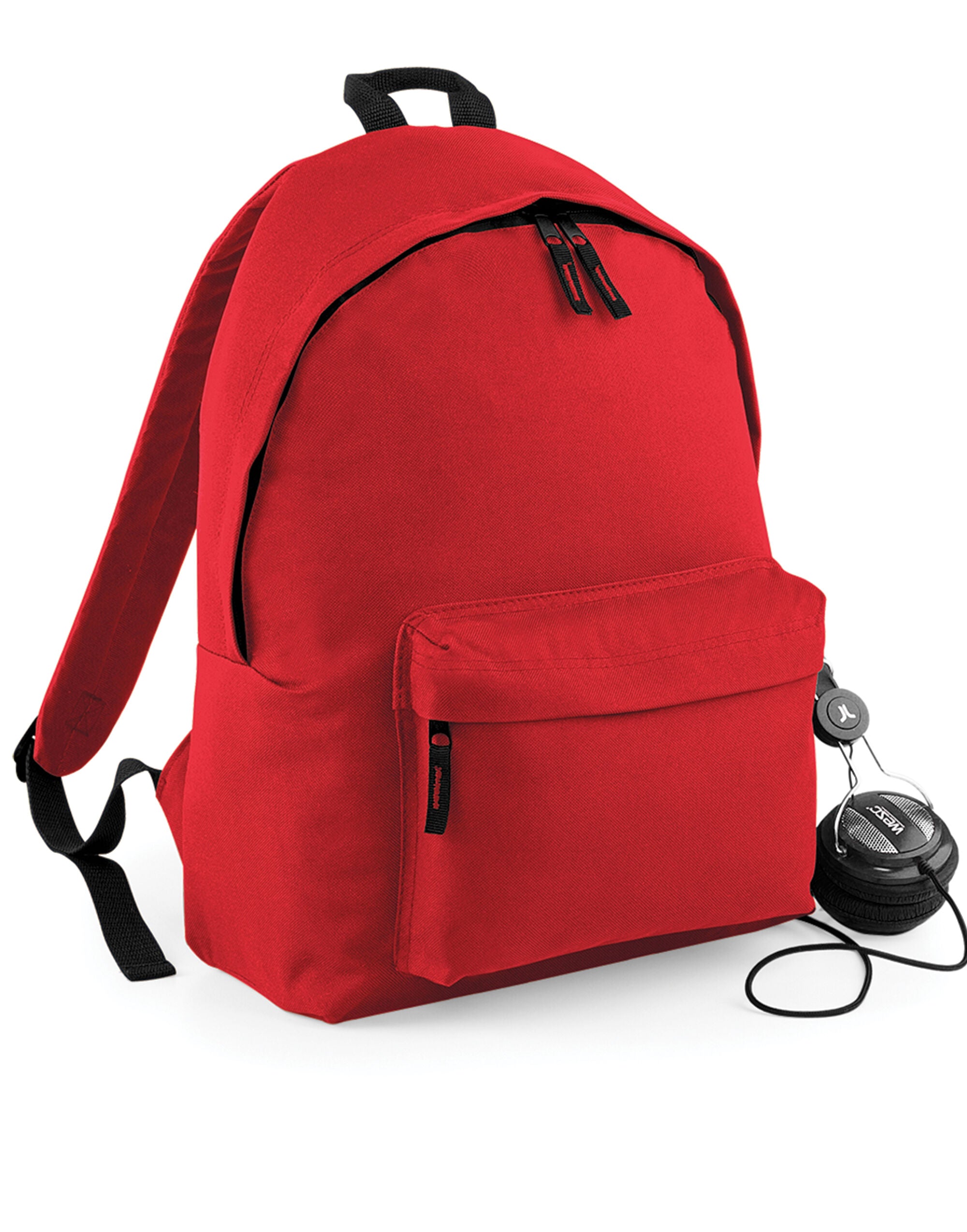 A white Original Fashion Backpack with multi-color trim.