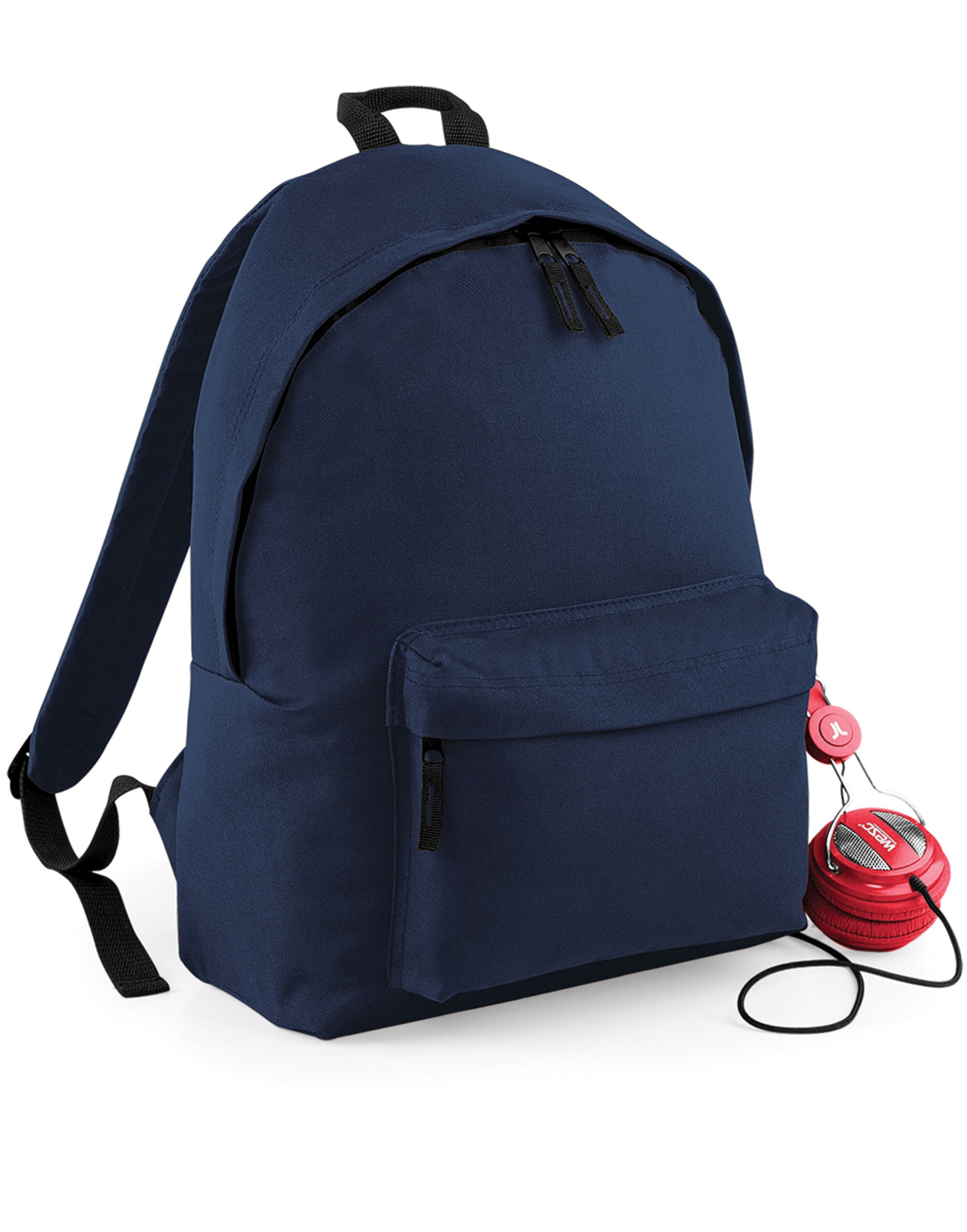 Person wearing the reflective roll-top backpack at night.