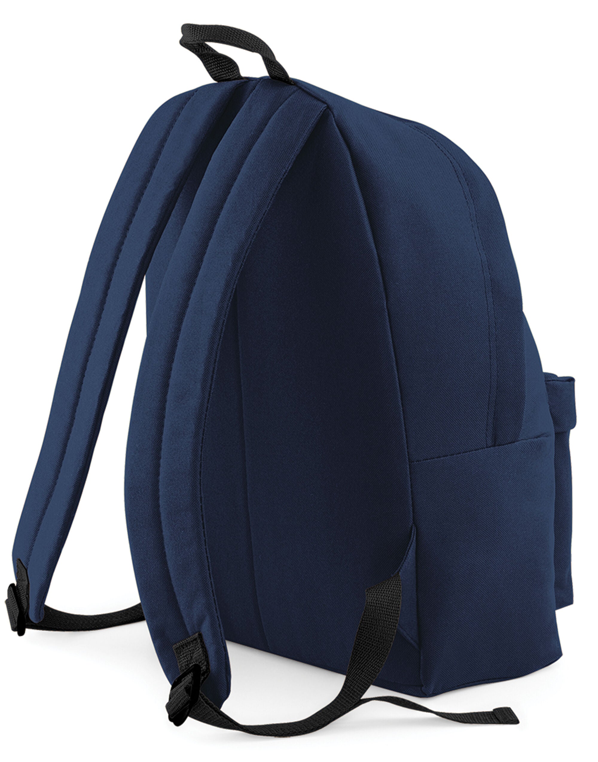 Side view of the reflective roll-top backpack.