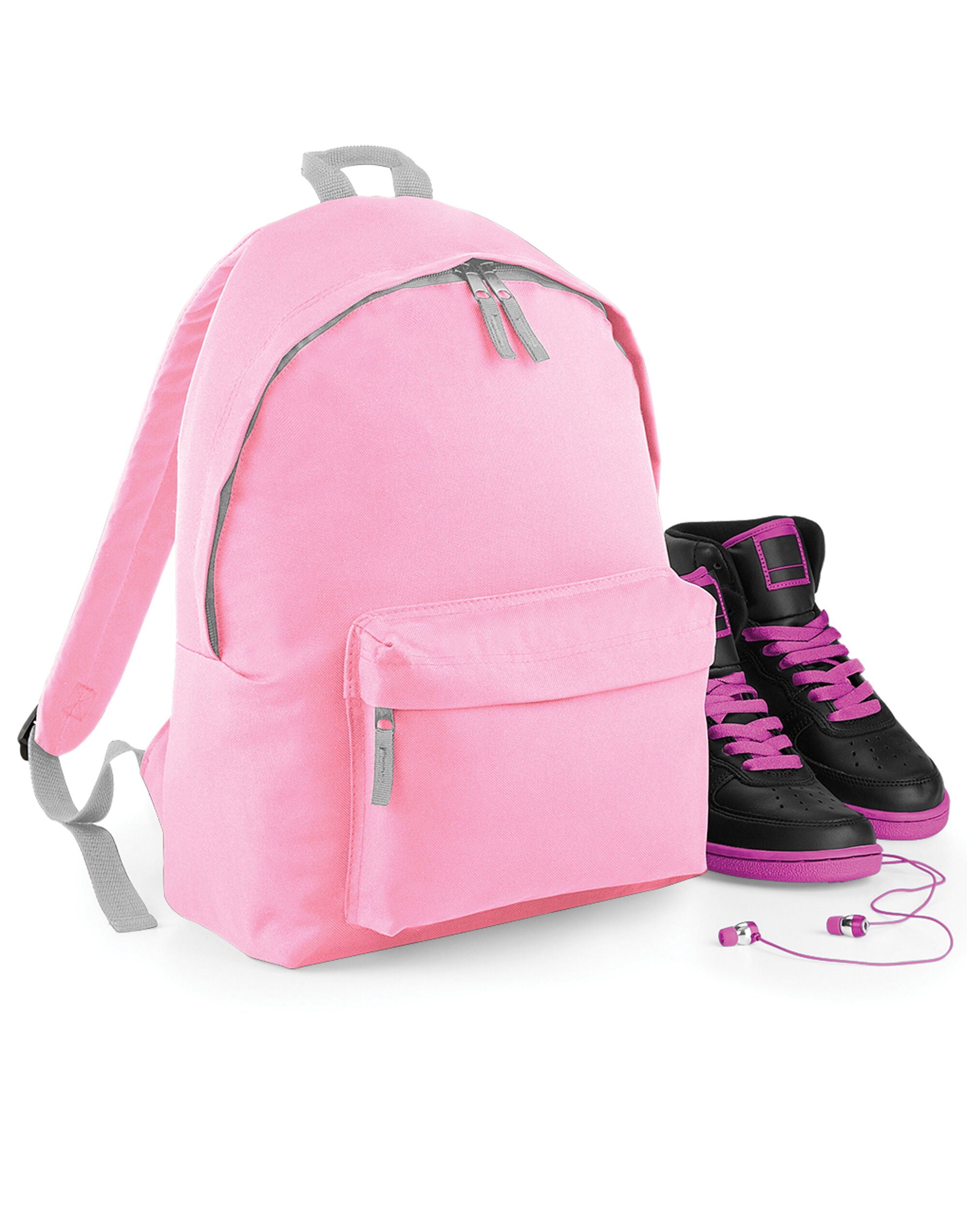 Back view showing the padded straps of a pink maxi backpack.