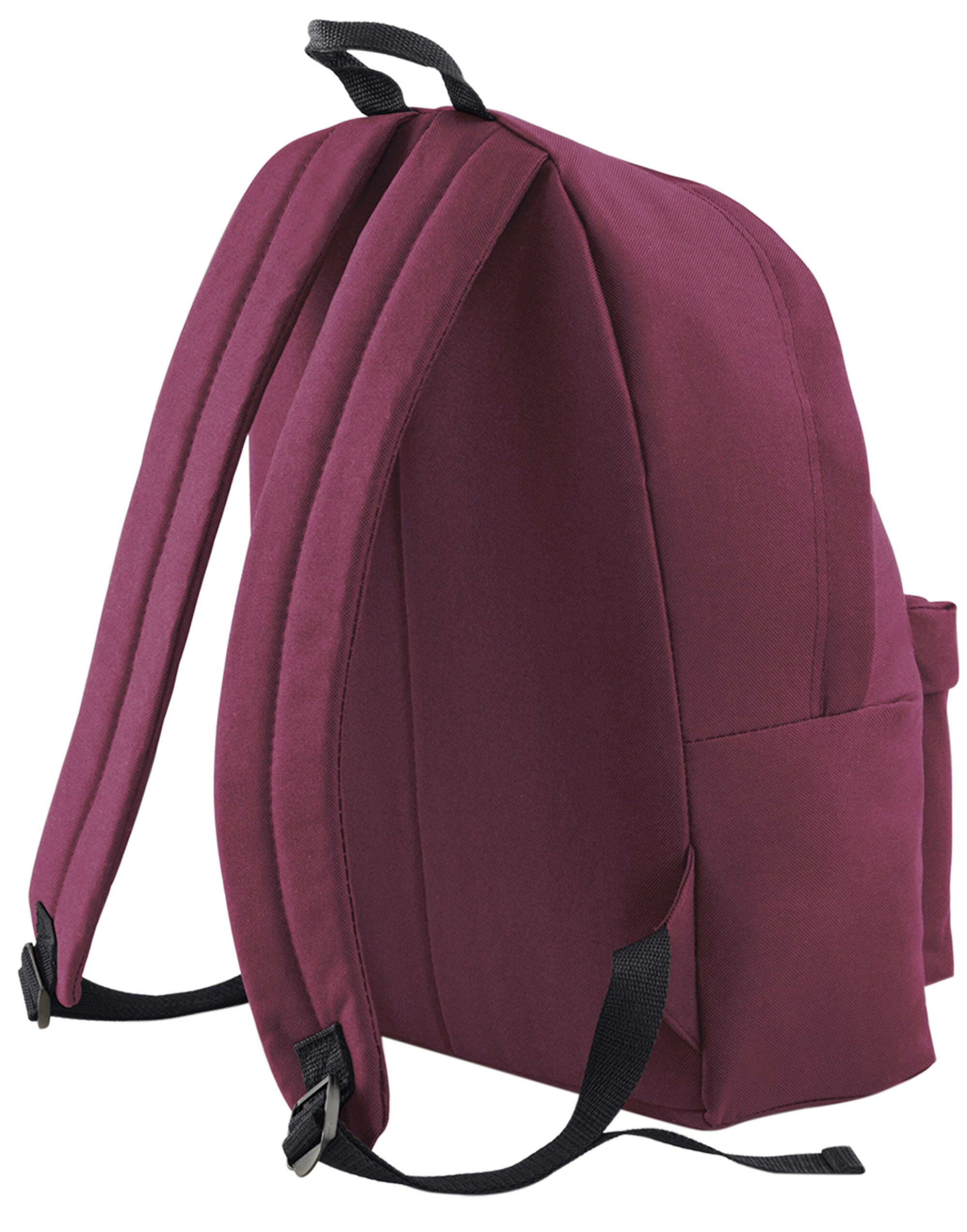Side profile of the Burgundy Bagbase Maxi Fashion Backpack.