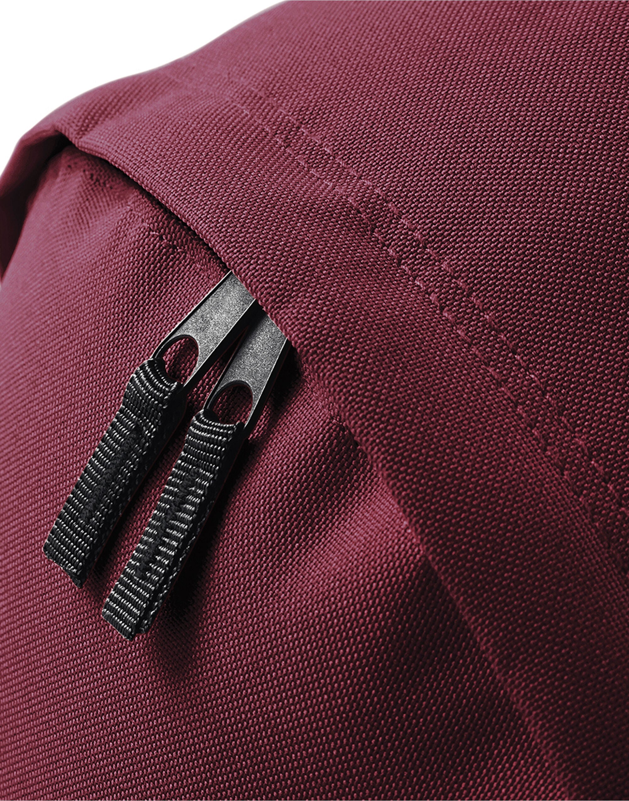 Close-up of the front zippered pocket on a Burgundy maxi backpack.