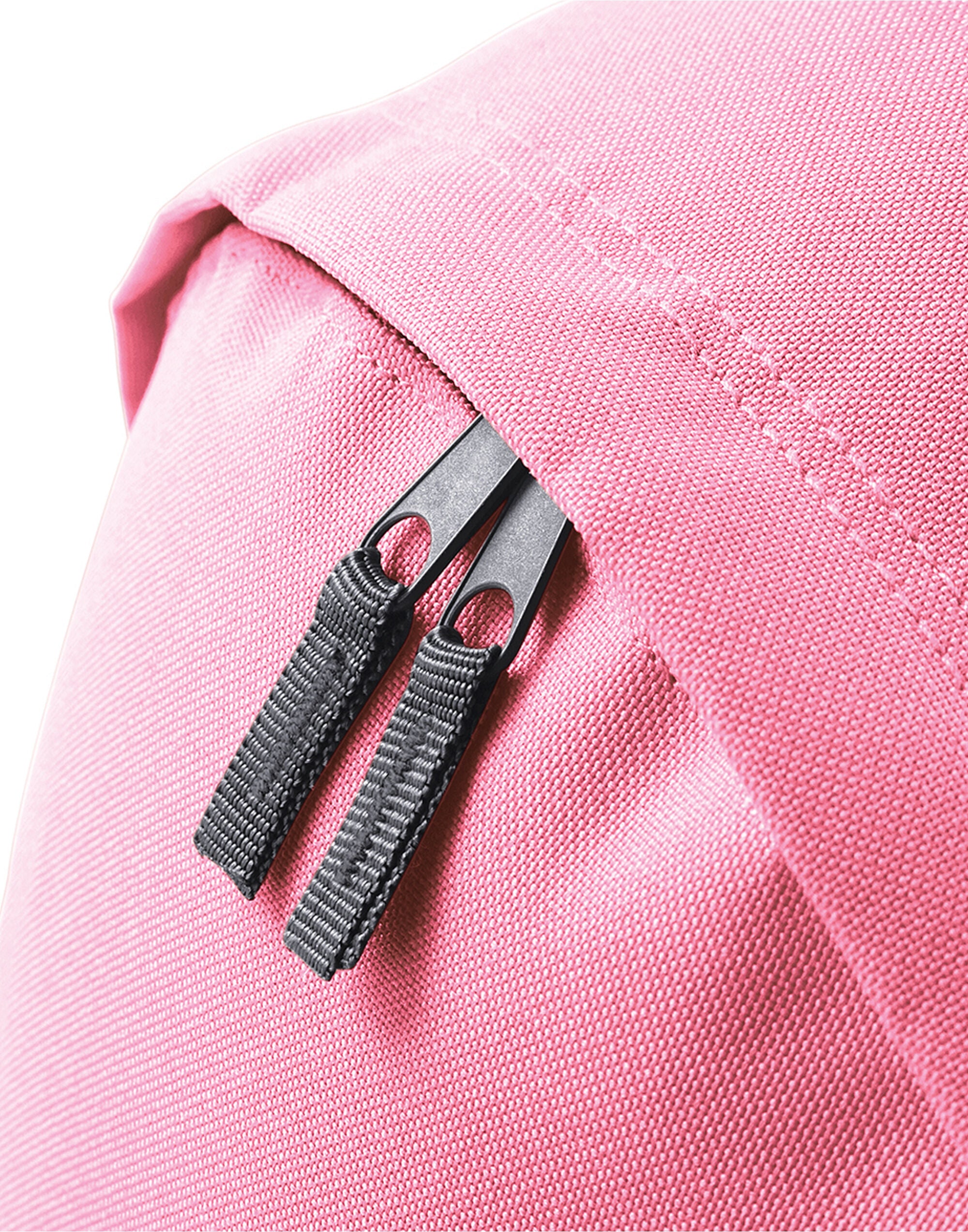 Detail of the grab handle on a black maxi fashion backpack.