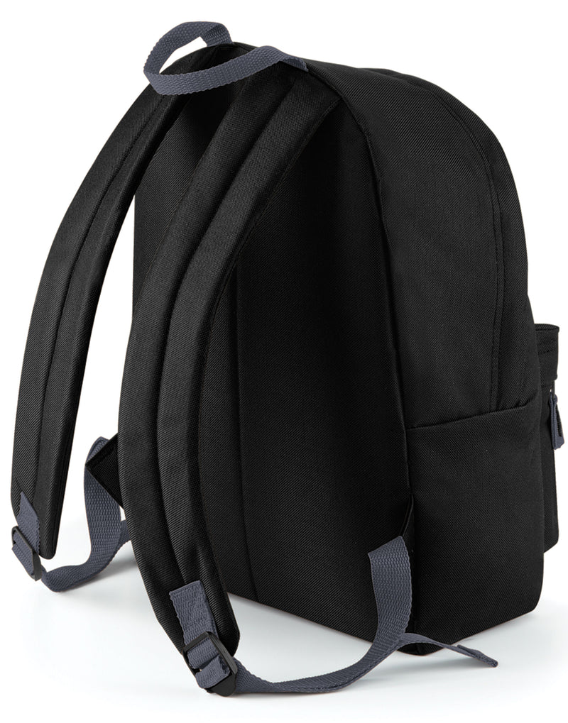 Angled view of a navy black junior backpack.