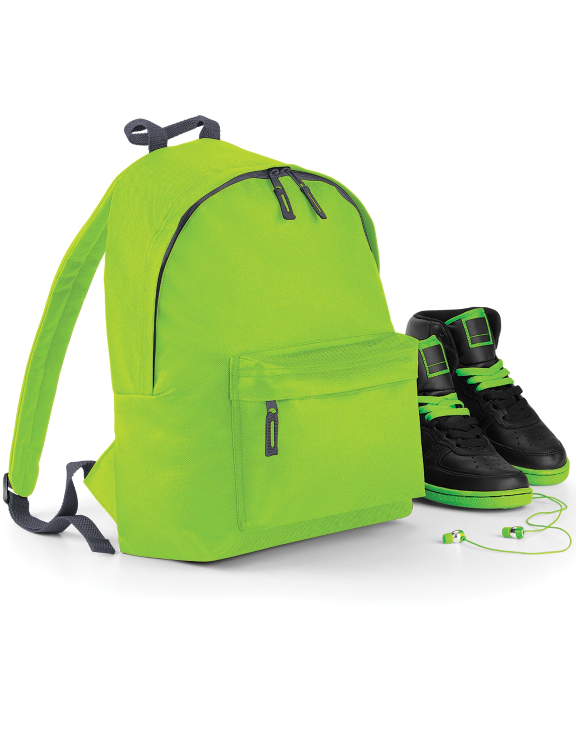 Close-up of the front pocket on a black mini backpack.