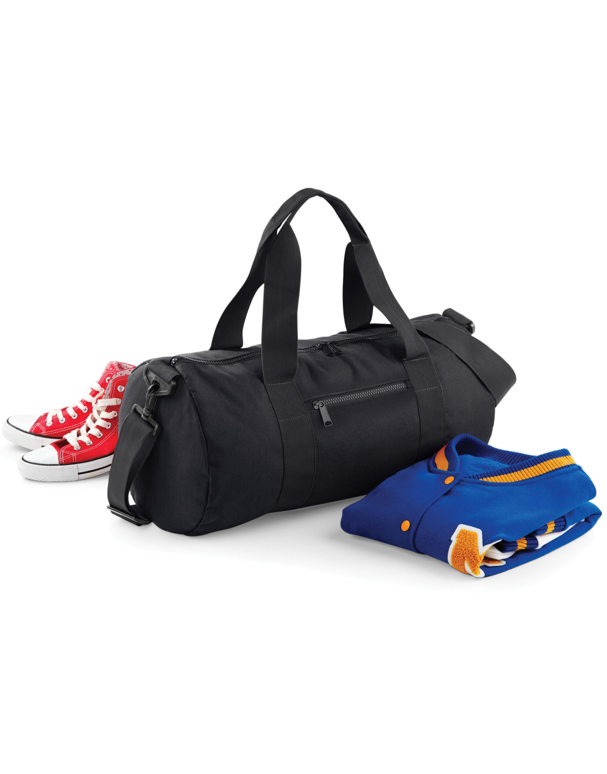 A black Bagbase Mini Essential Fashion Backpack, front view.