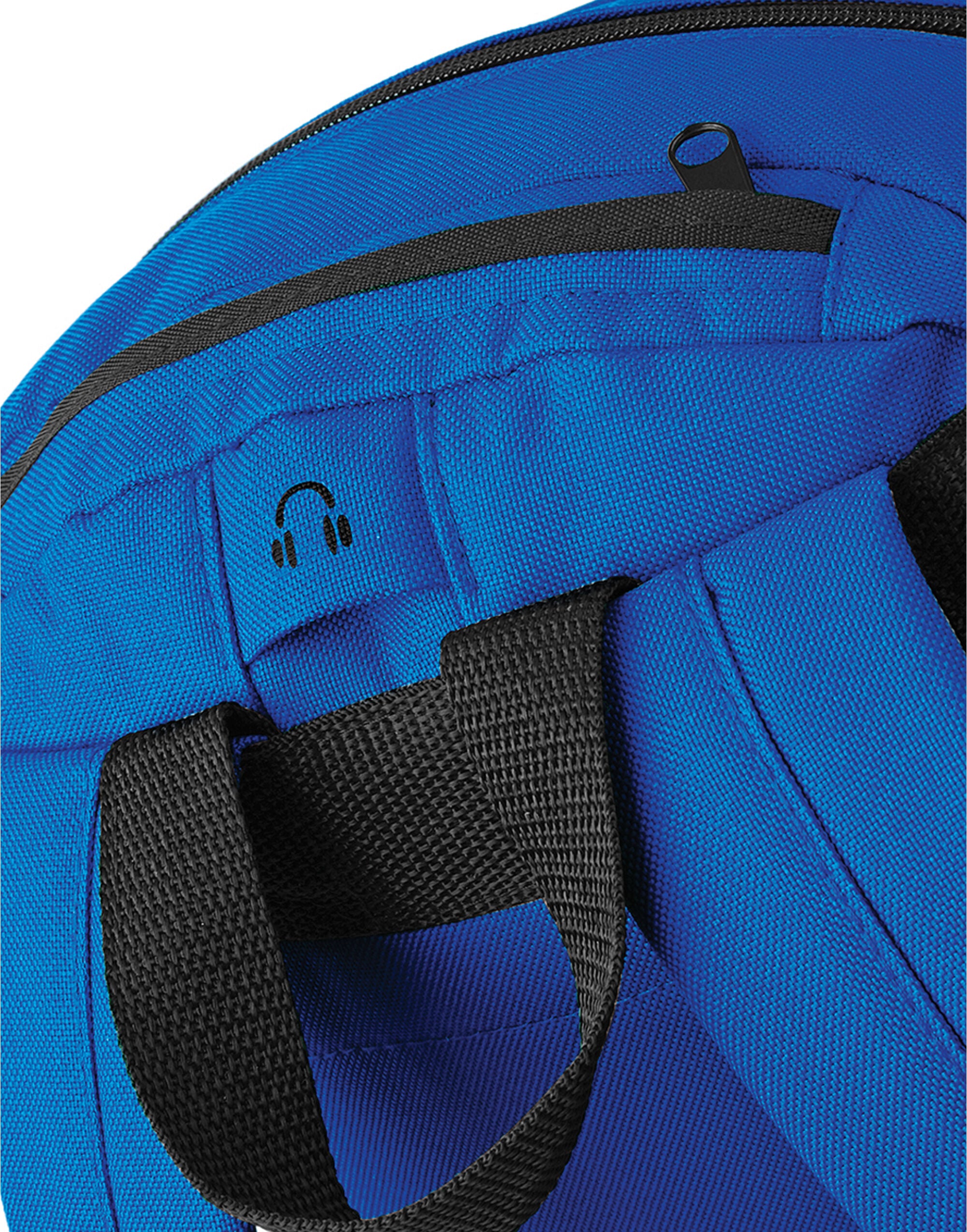 Person wearing the navy recycled roll-top backpack.