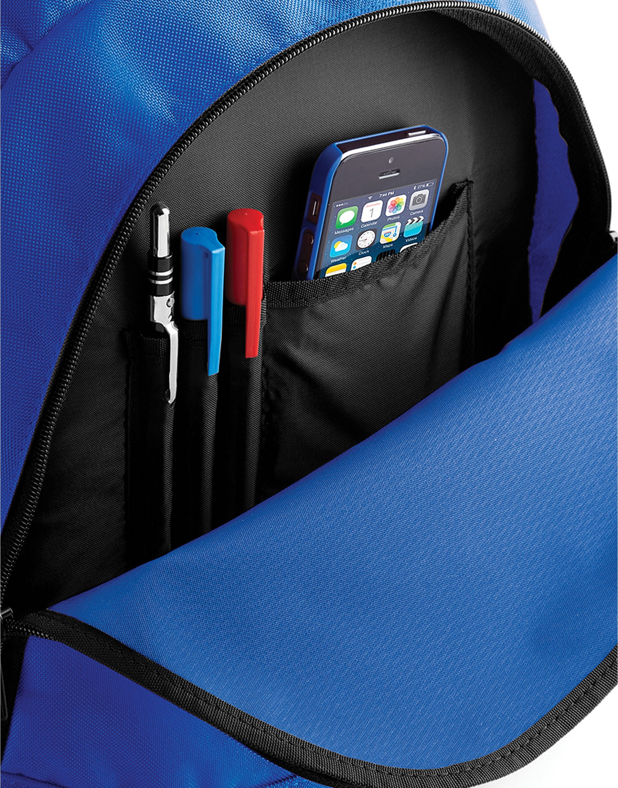 Front view of a grey recycled roll-top backpack.