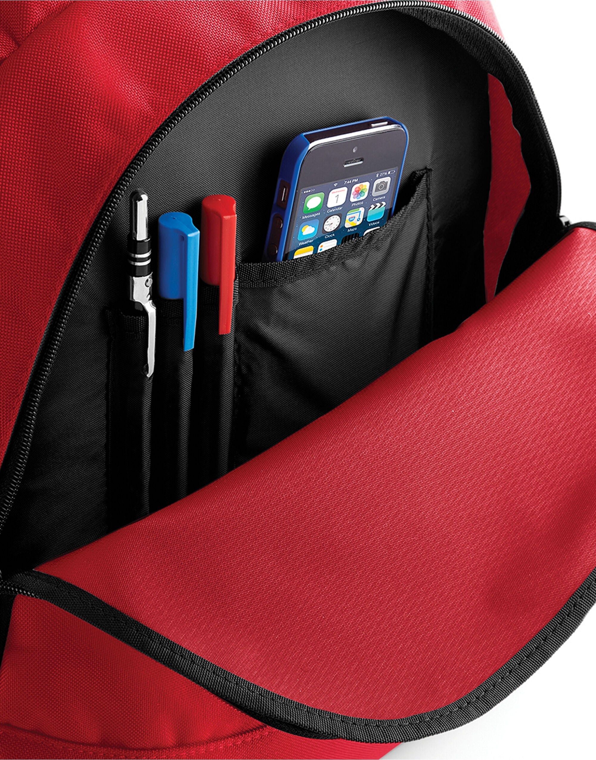 Close-up of the recycled fabric of the navy backpack.