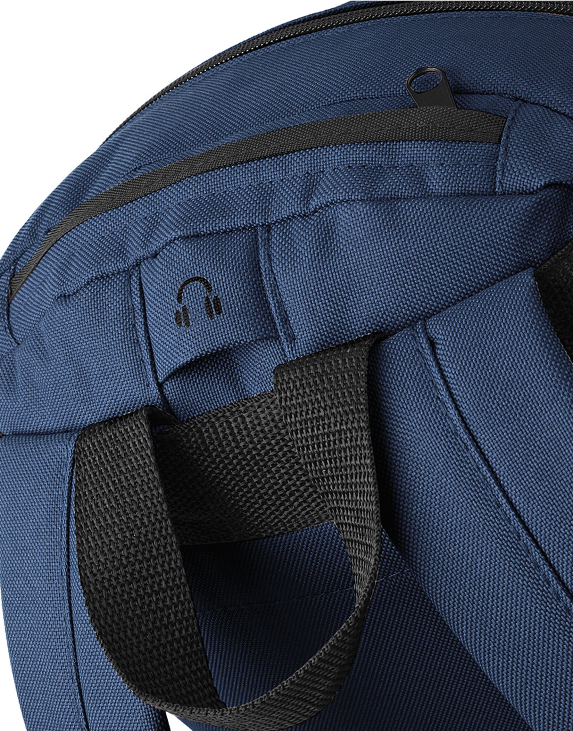 A simple black recycled roll-top backpack, front on.