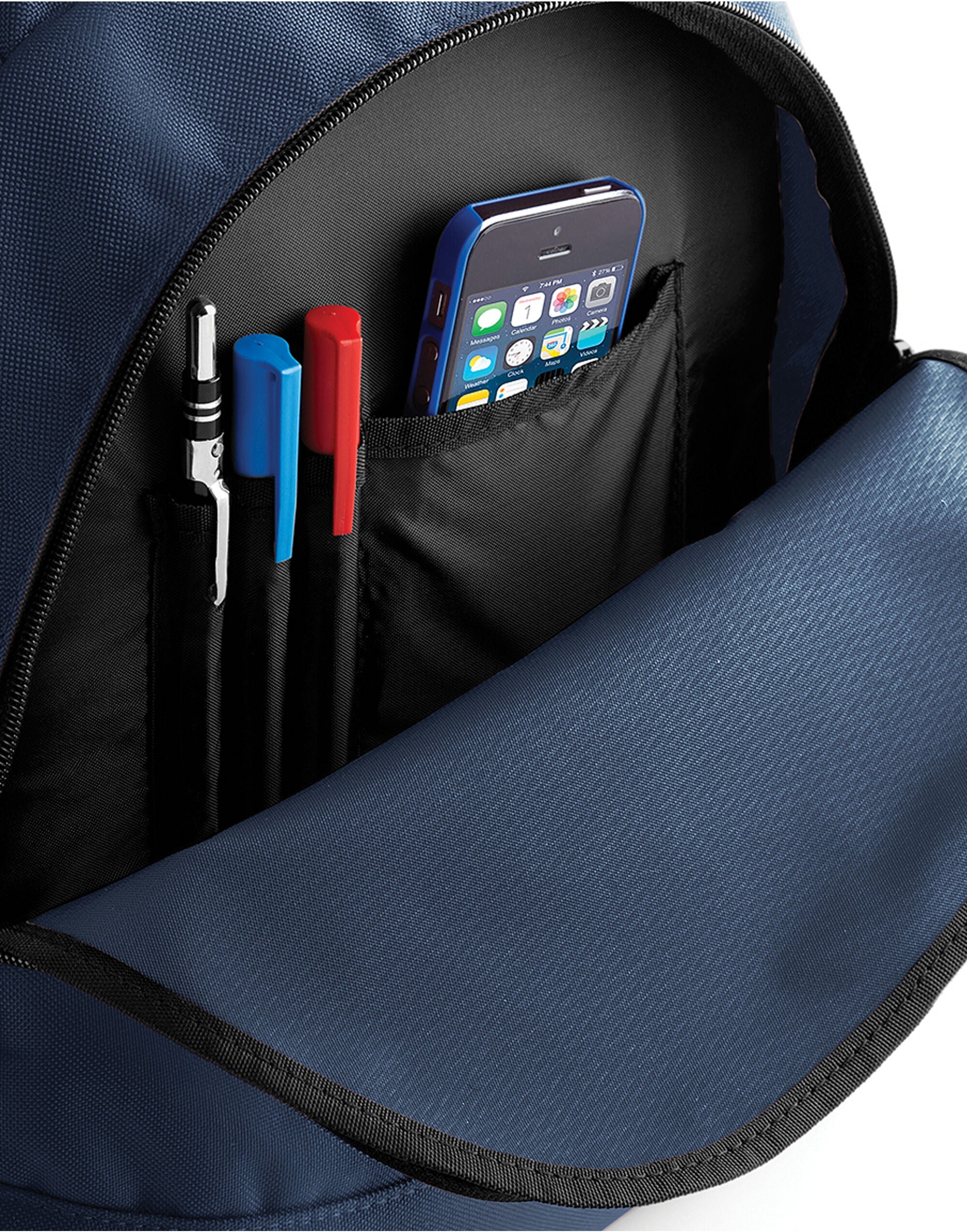 A light grey recycled roll-top backpack with black trim.