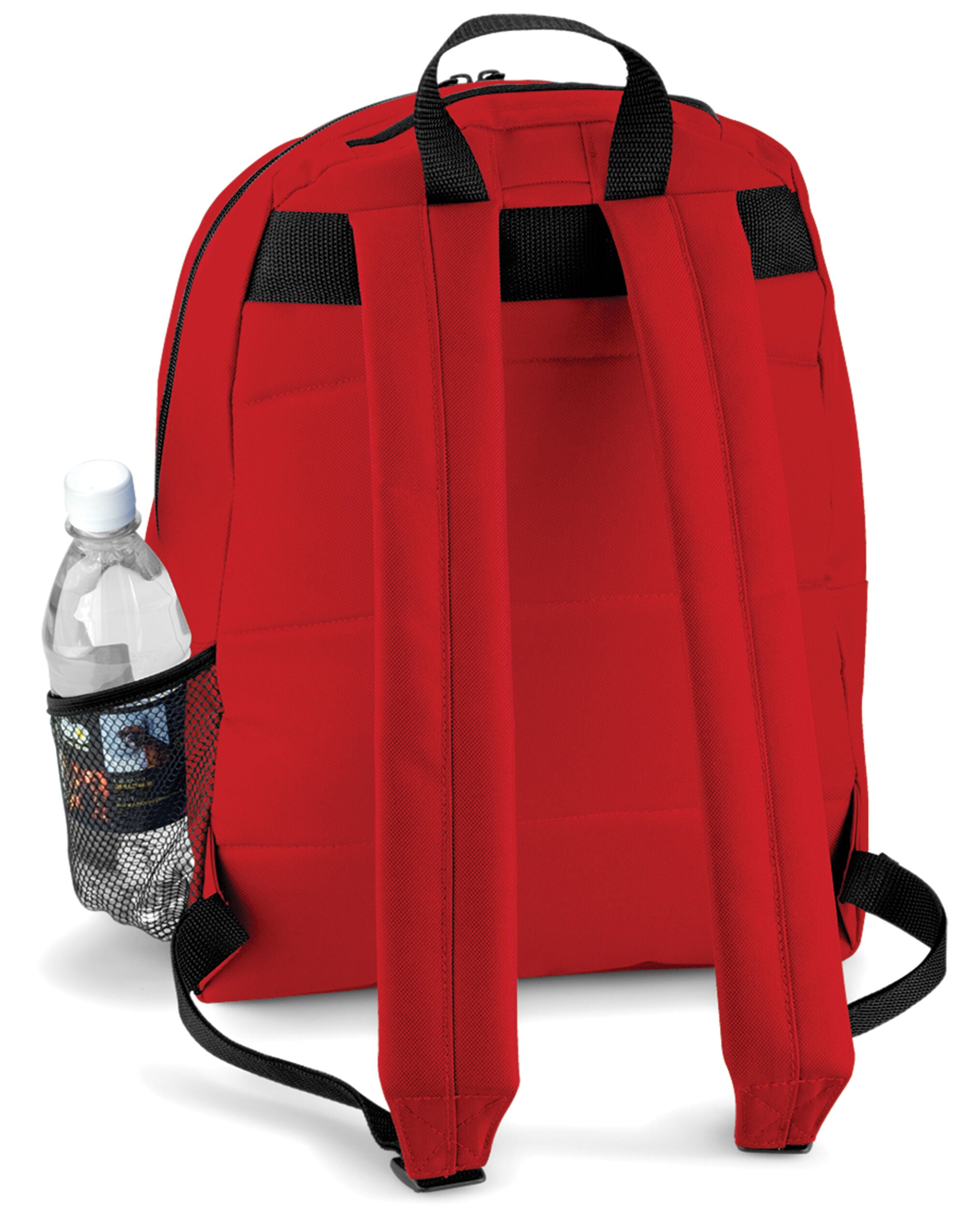 A red recycled roll-top backpack, side view.