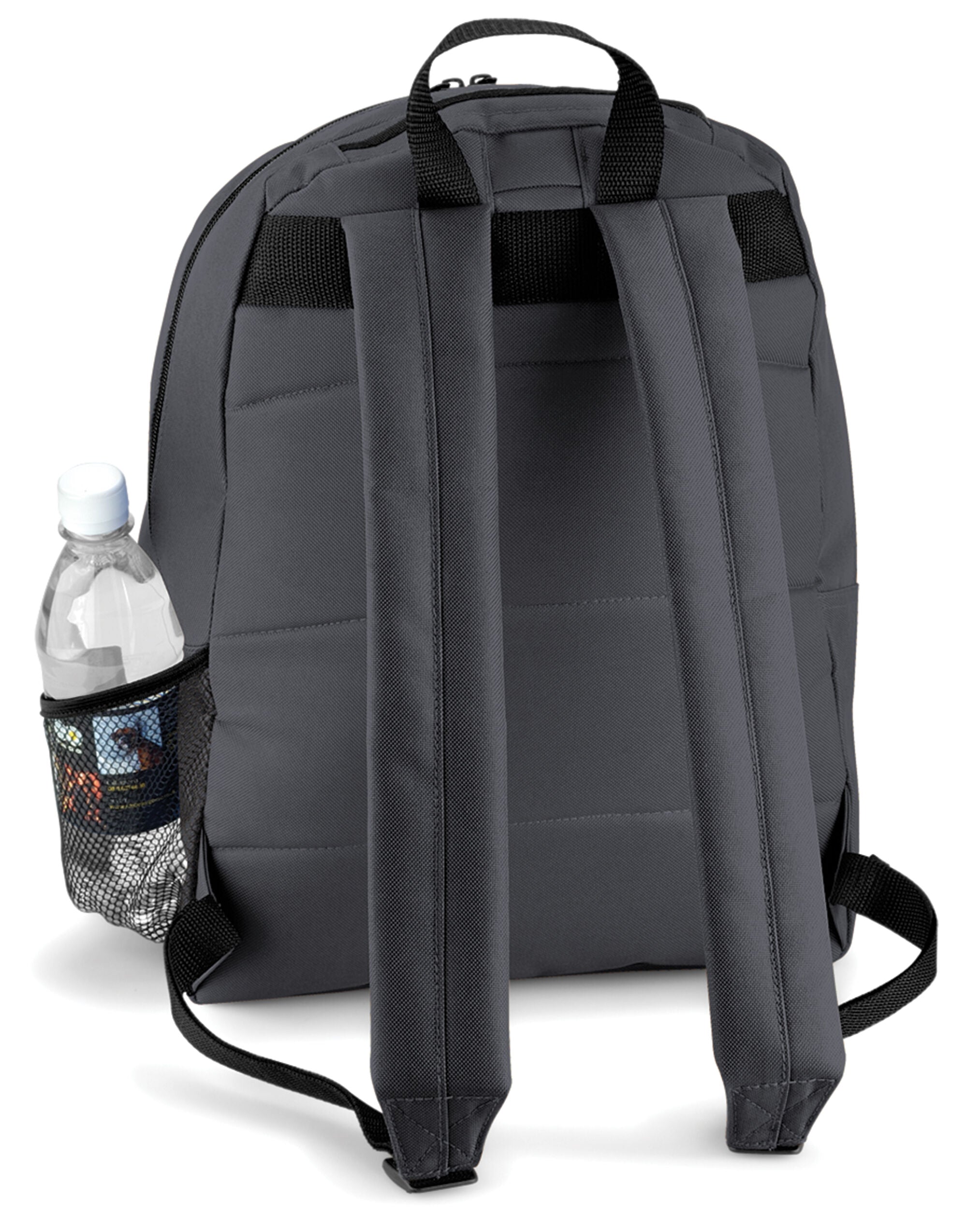 Back view of a navy recycled roll-top backpack.