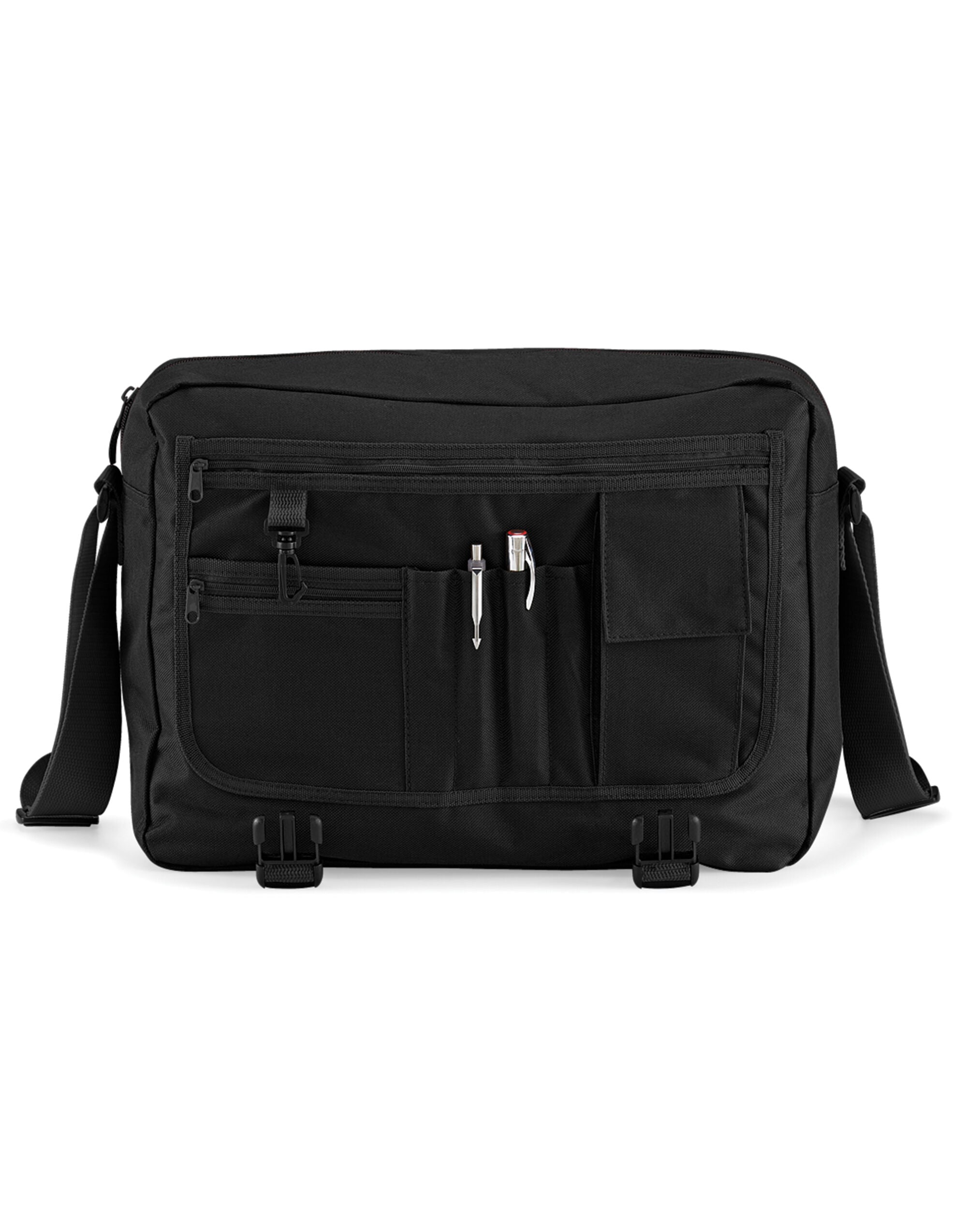 A black Bagbase Recycled Backpack with a classic design.