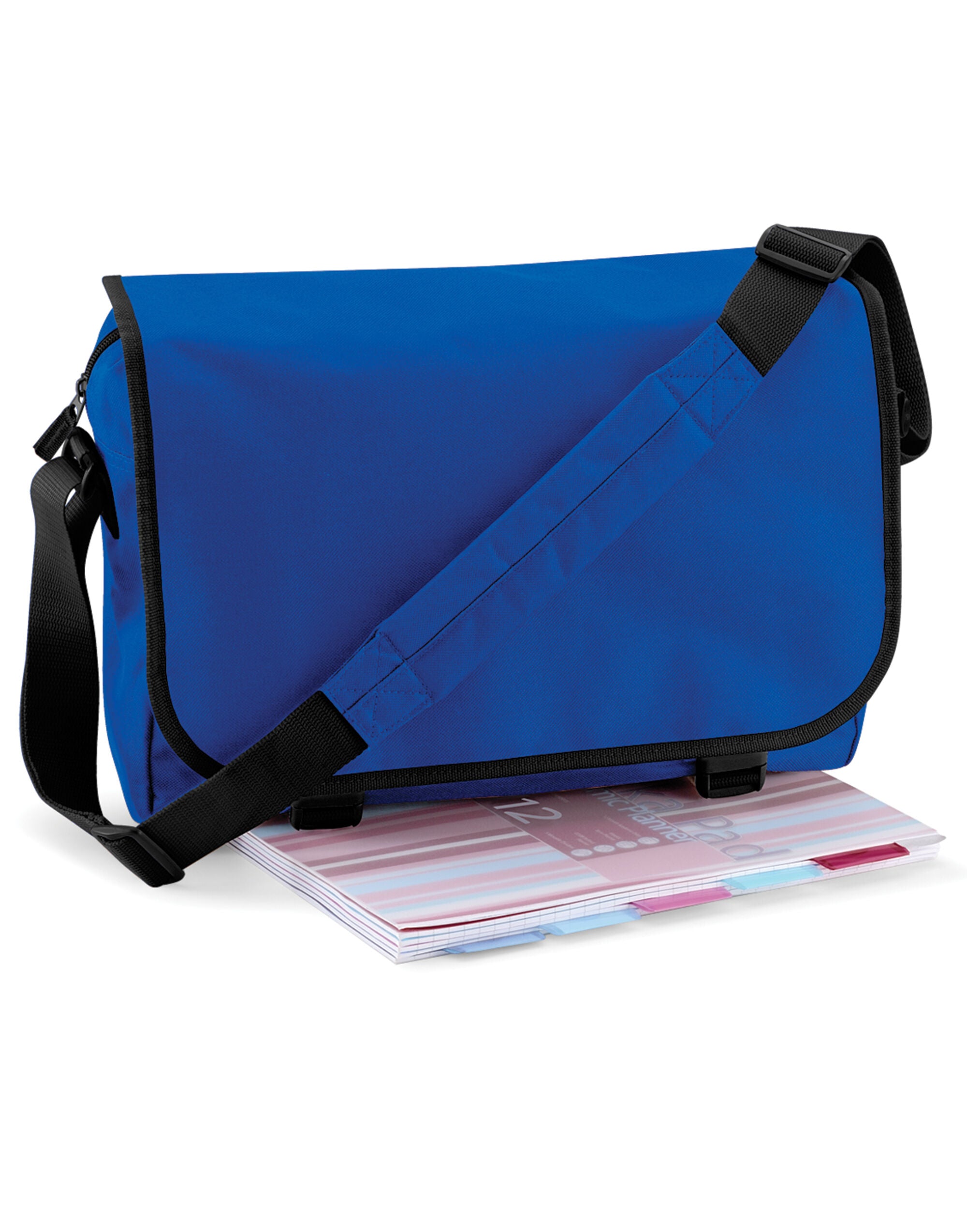 Front view of a grey recycled backpack with front pocket.