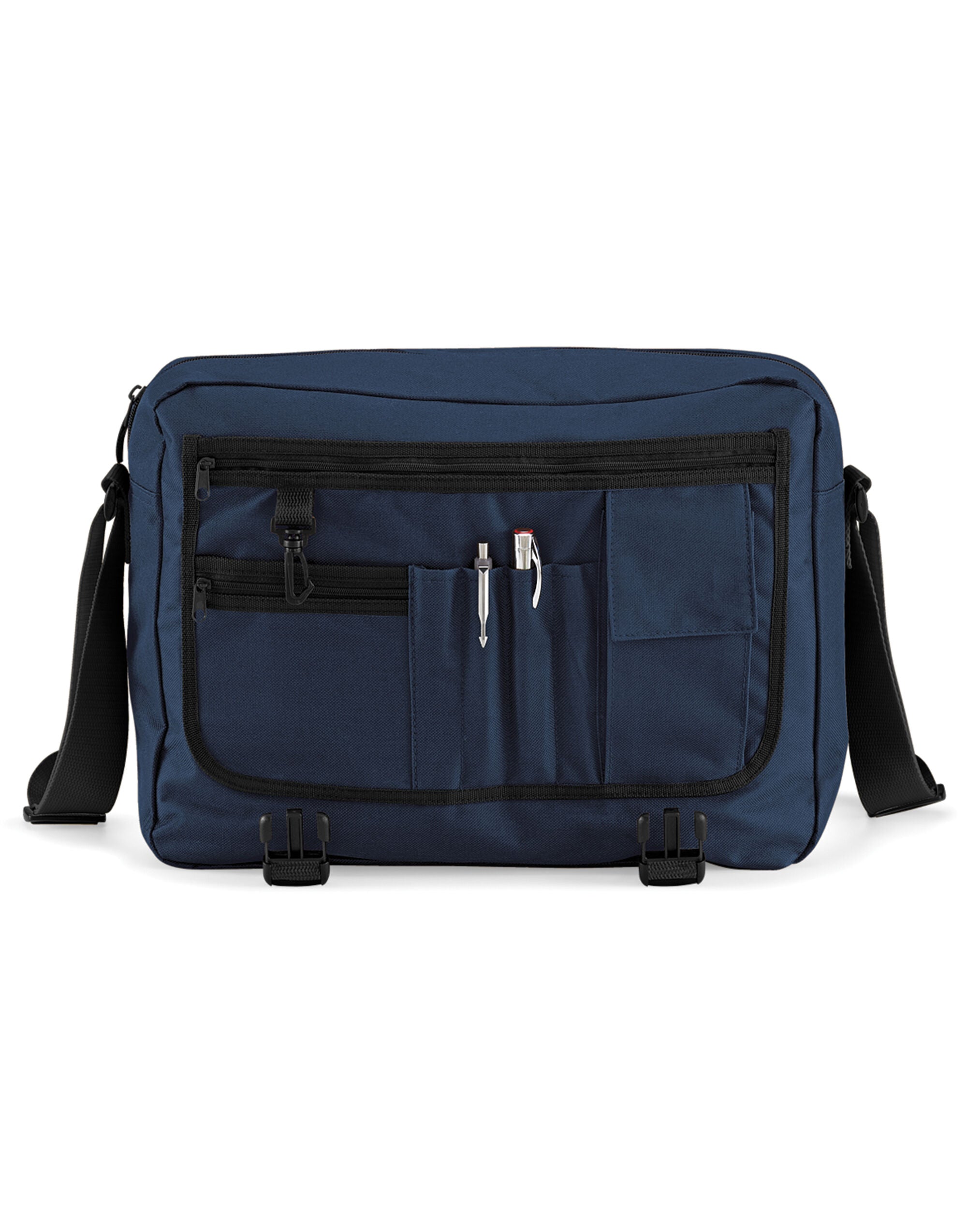 Back view of a navy recycled backpack.