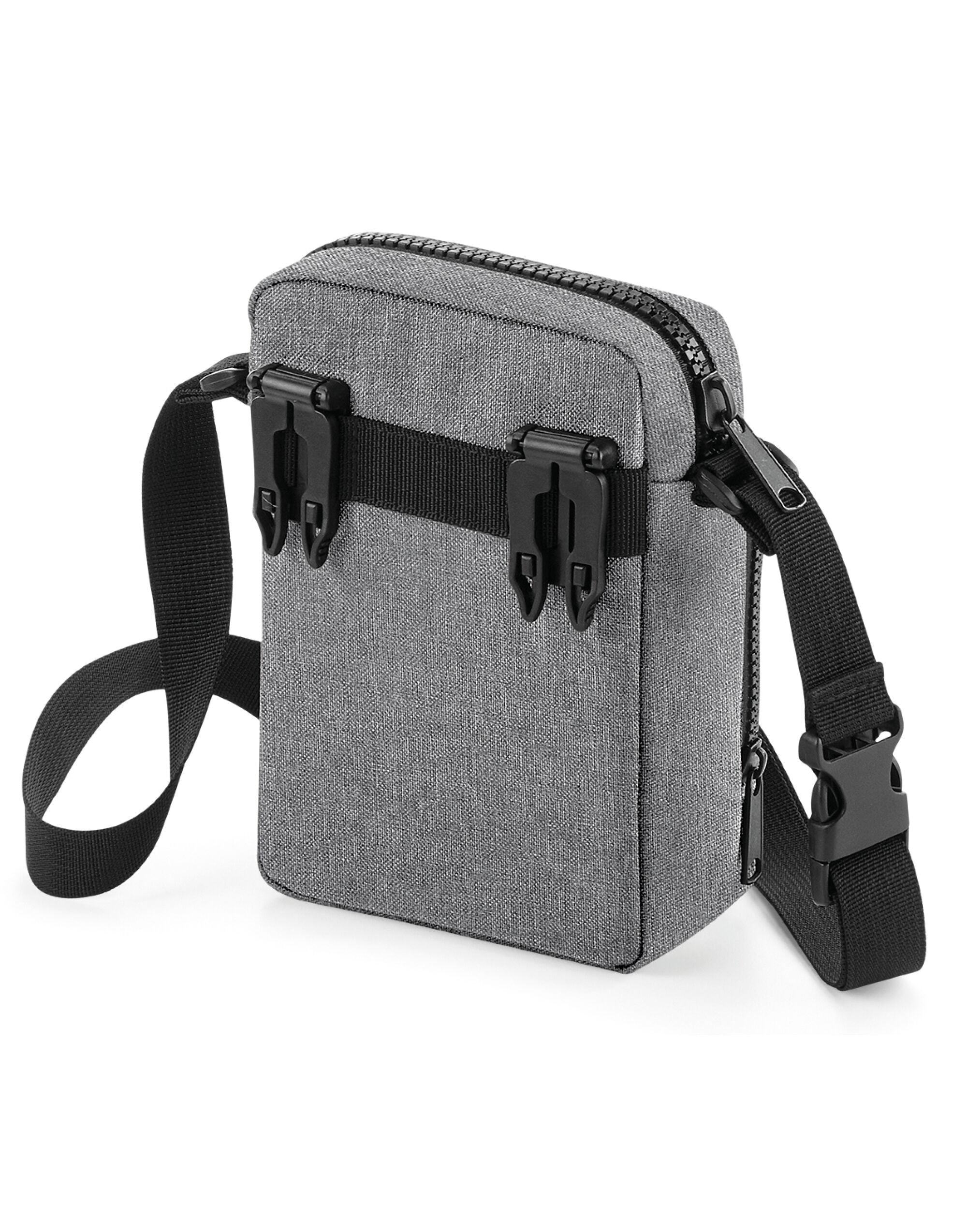 The oyster-colored travel case showing items through the clear panel.